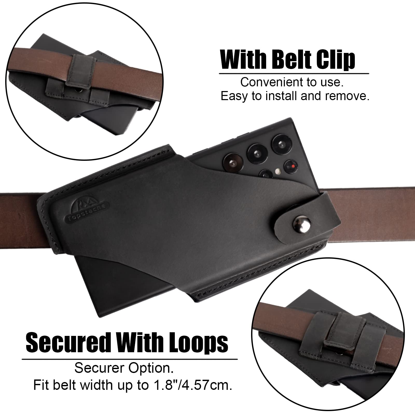 Premium Leather Phone Holster with Belt Clip Loop & Magnetic Closure - Compatible with iPhone & Samsung - Large Black Belt Phone Pouch for Men & Women - Perfect for Work, Travel & Outdoor Activities