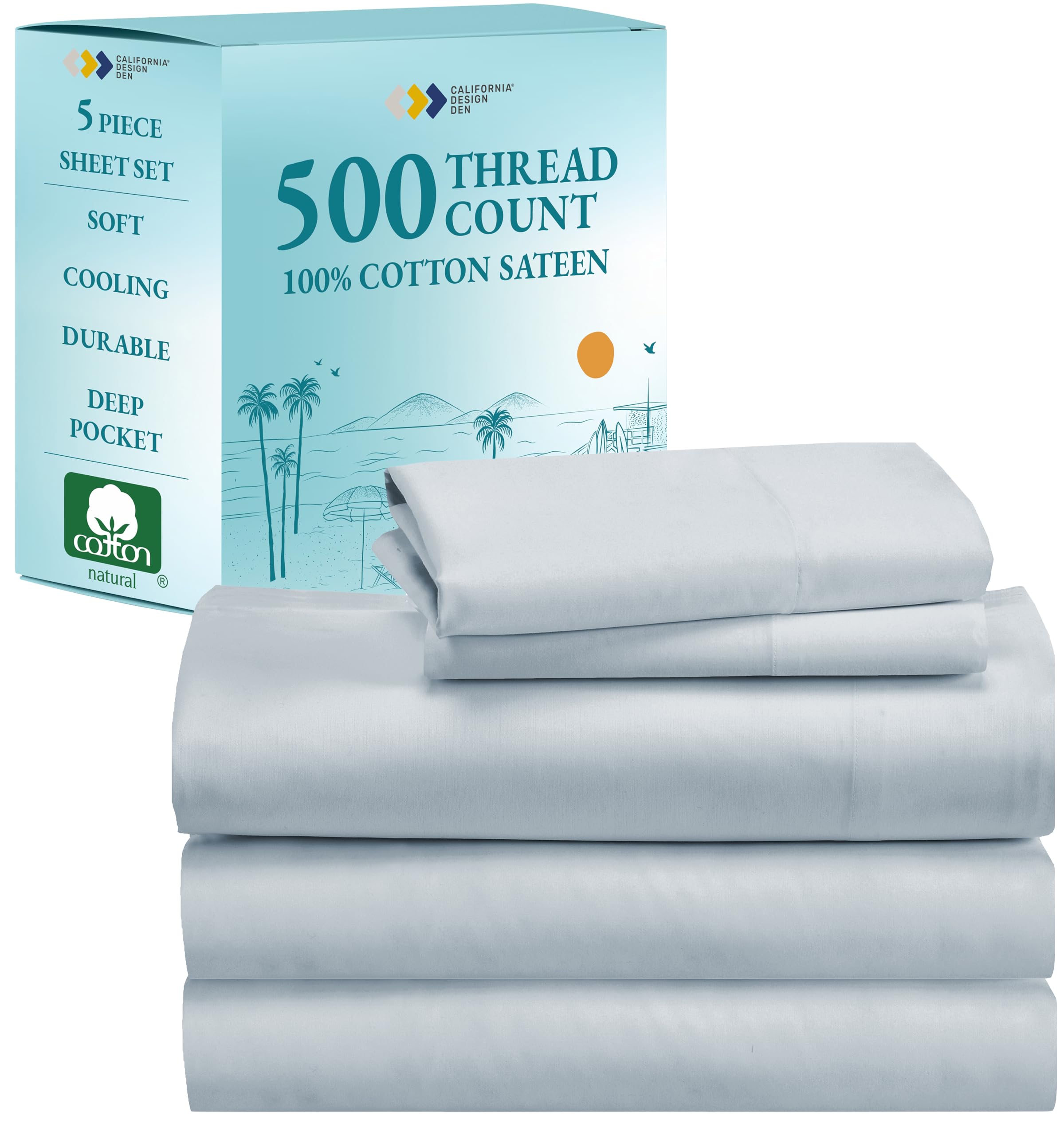 Luxury 100% Cotton 500 Thread Count Split King Sheets Set - Soft Hotel Quality Bedding for Adjustable Beds - Includes Twin XL Fitted Sheet - Snug Fit & Breathable (Light Blue) - Perfect for Master Bedrooms, Guest Rooms & Luxury Hotels