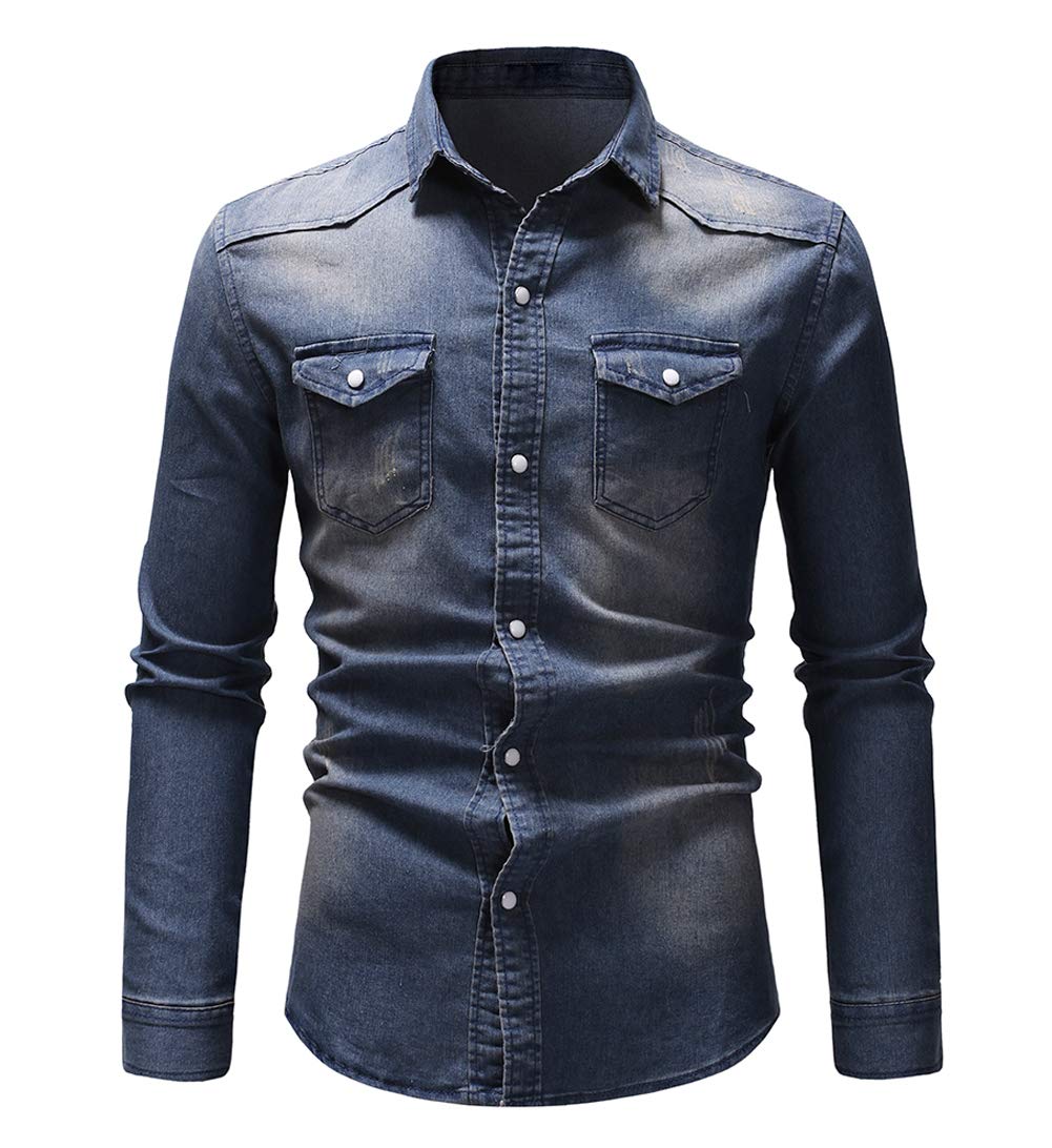 Distressed Wash Men's Western Denim Jean Shirt - Button Down Work Shirt for Cowboy, Ranch & Casual Wear
