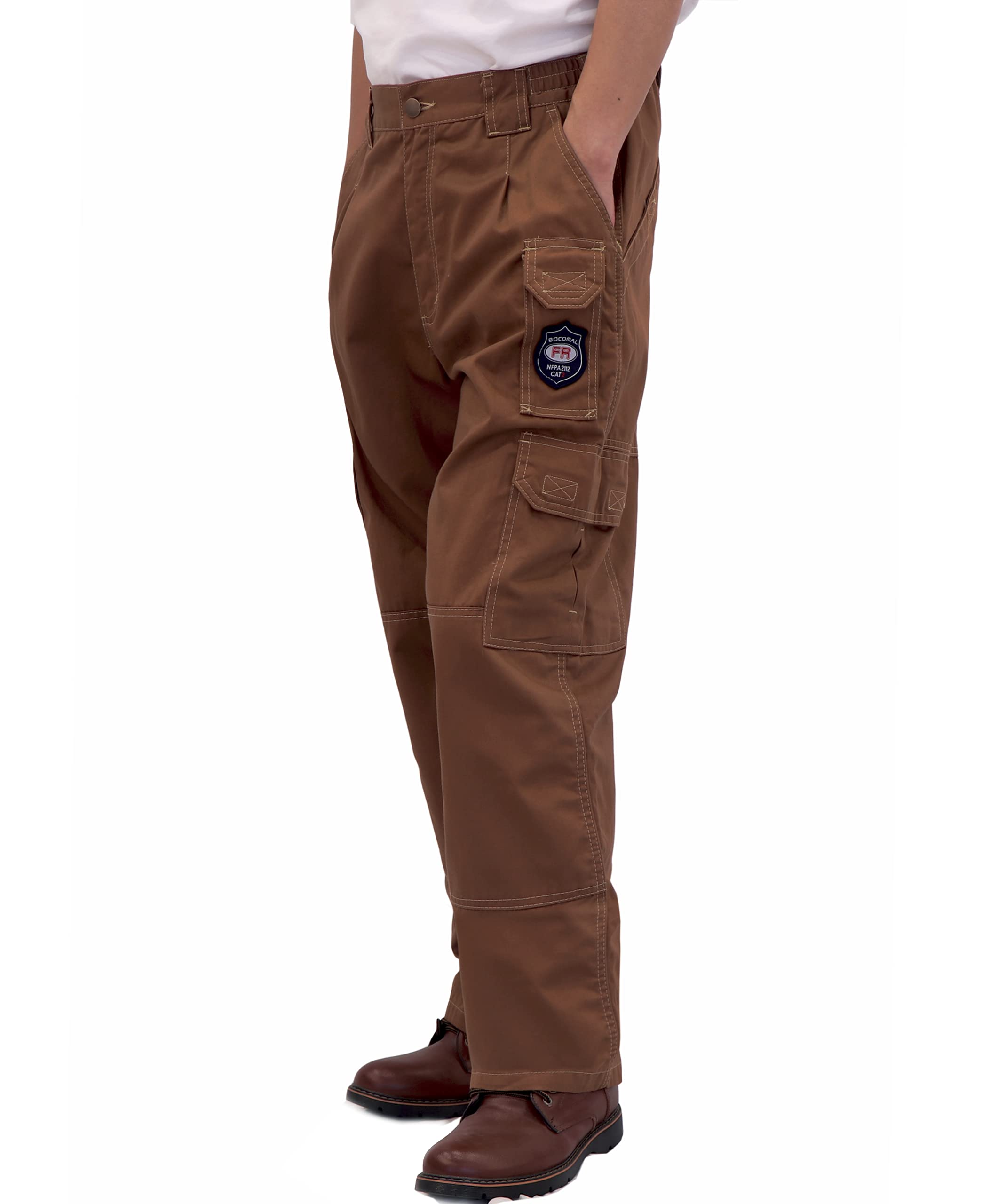 BOCOMAL Men's Flame Resistant Cargo Work Pants - Double Front, Multi-Pocket, Elastic Waist Midweight FR Trousers for Construction, Welding & Outdoor Jobs