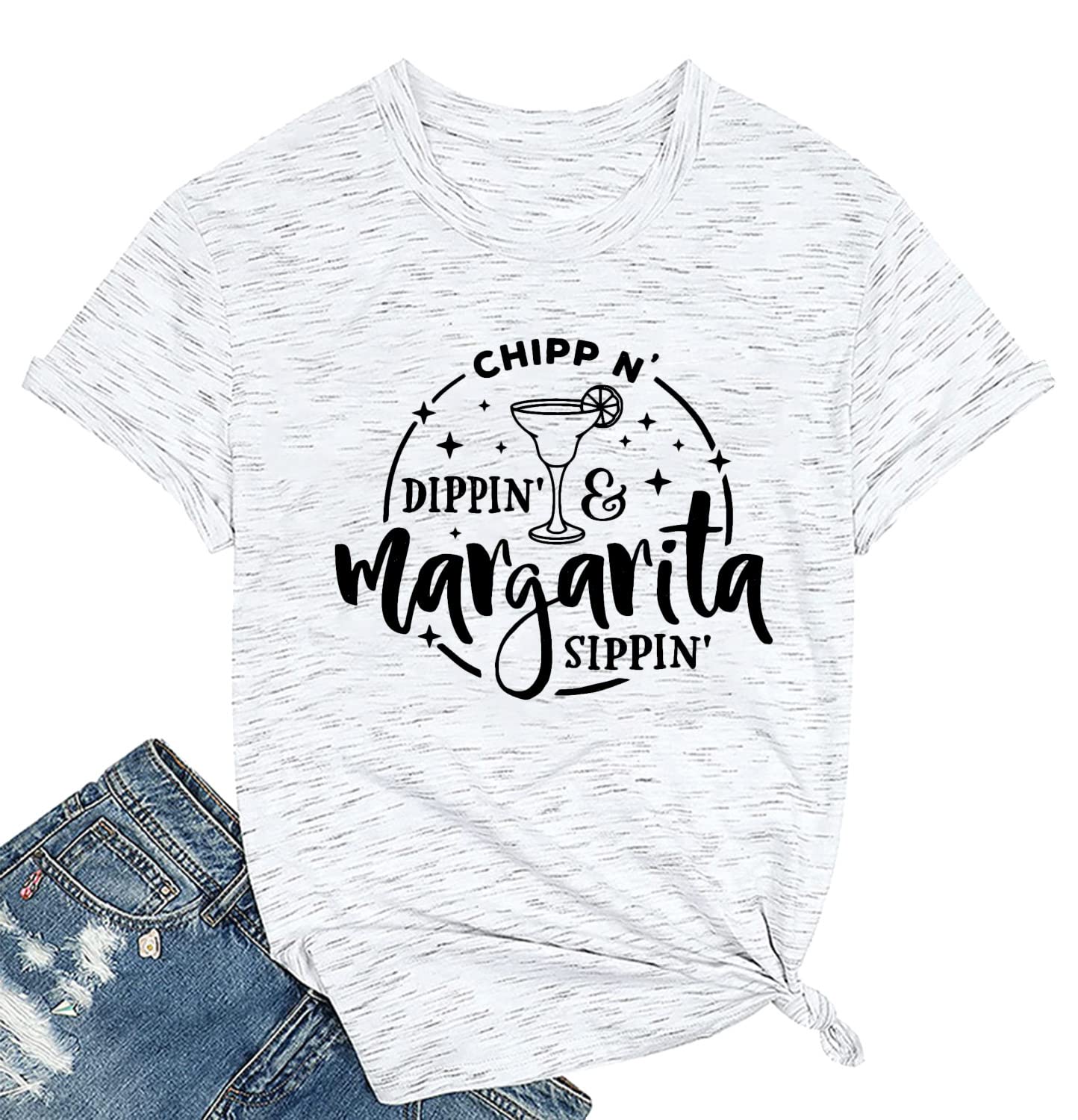 Women's Chippin Dippin Margarita Sippin Graphic T-Shirt - Casual Short Sleeve Party Tee for Girls Night Out, Bachelorette Parties & Summer Cocktail Events