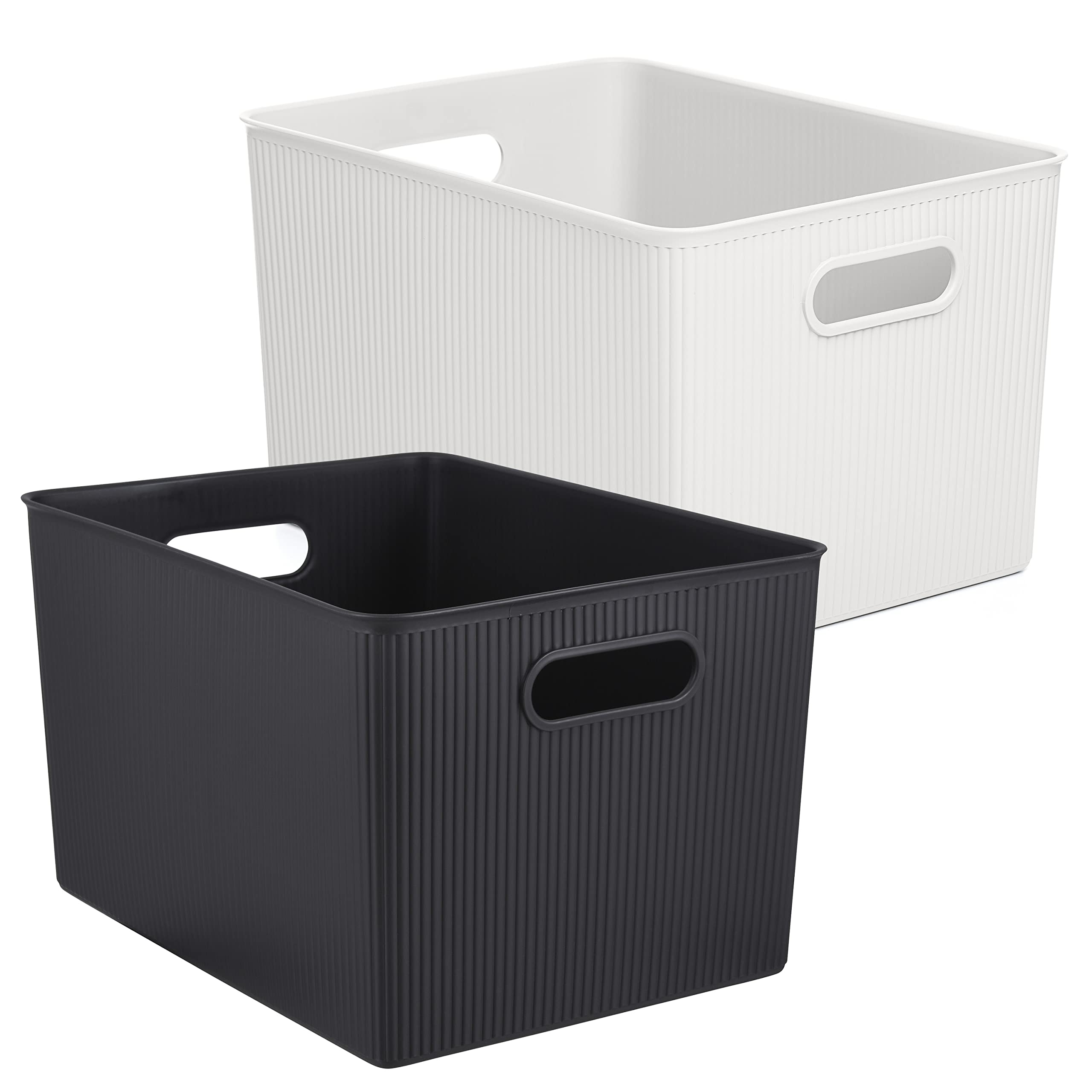 Superio Ribbed Collection - Decorative Plastic Storage Bins & Organizer Baskets (Set of 2, X-Large) - White & Brown Home Organization Boxes for Closet, Shelf, Drawer & Pantry Storage - Perfect for Bedroom, Bathroom & Office Organization