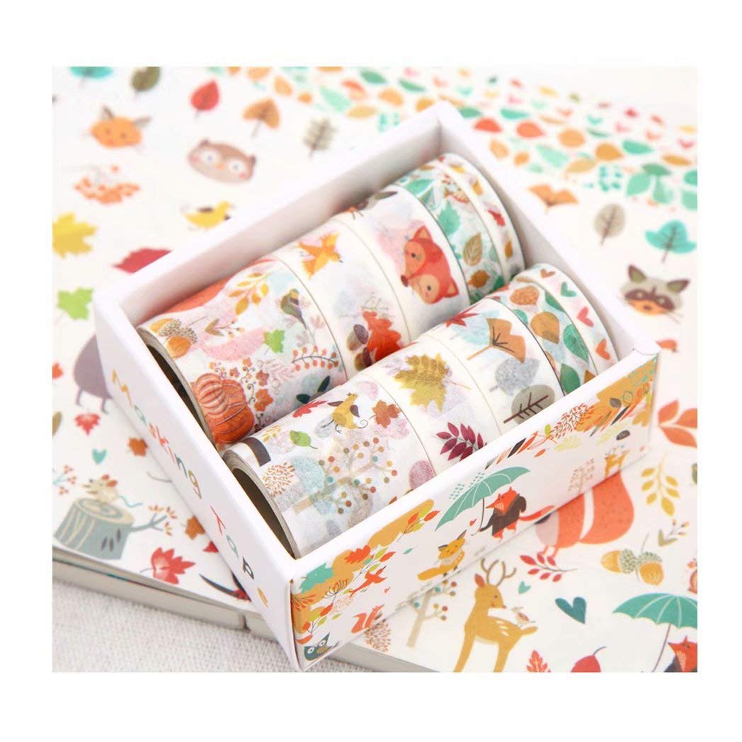 JOMOYEEH Washi Tape Set - 10 Rolls Decorative Masking Tape for Scrapbooking, Bullet Journal, Planners, Gift Wrapping, DIY Crafts (5mm,8mm,15mm,30mm, 2m Forest Design) - Perfect for Home Office, School Projects & Party Decorations