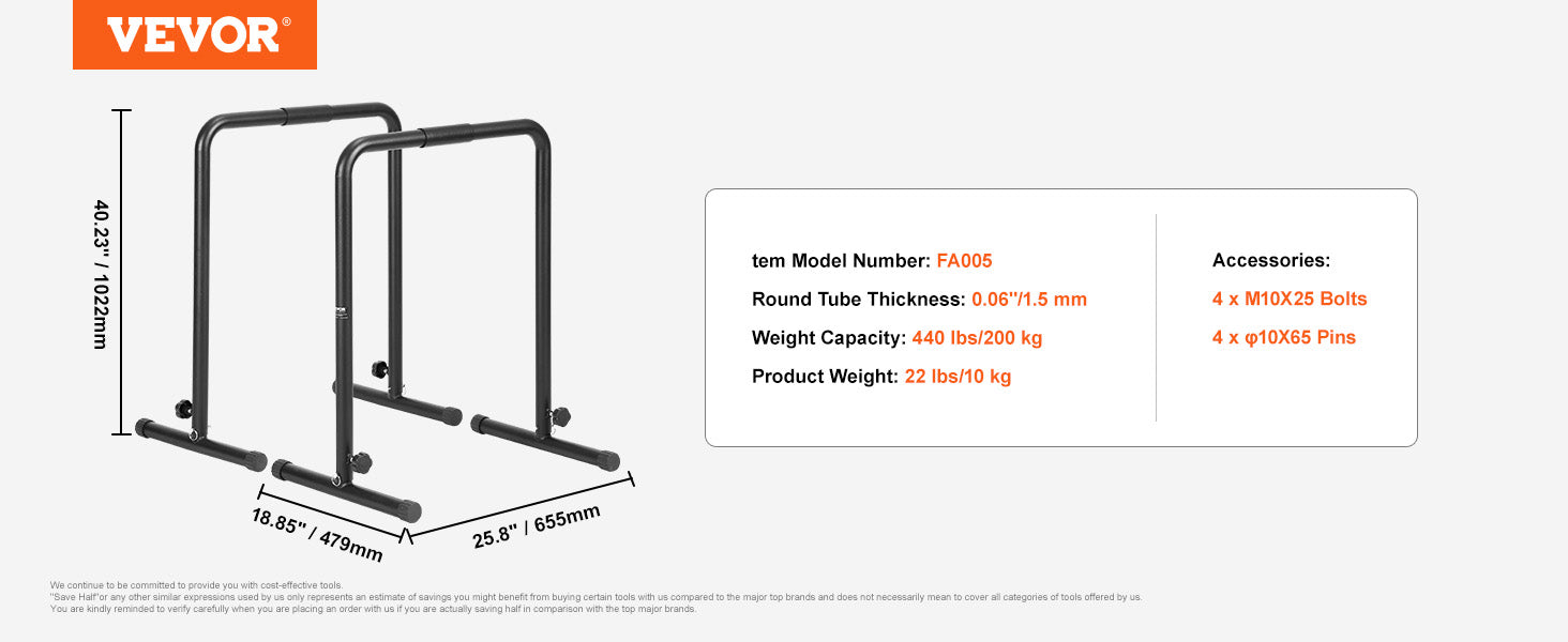 VEVOR Heavy Duty Adjustable Height Dip Bar Station - 440/500lbs Capacity for Strength Training, Calisthenics & Home Gym Workouts - Perfect for Pull-ups, Dips & Bodyweight Exercises