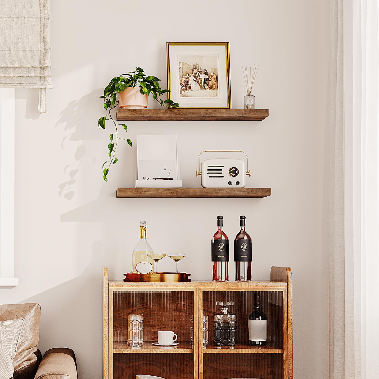 HOOBRO Floating Shelves Set of 2 - 31.5 Inch Wall Mounted Shelves with Invisible Brackets - Rustic Brown Wooden Shelves for Bathroom, Bedroom, Kitchen, Living Room & Office Decor - Perfect for Displaying Books, Plants & Home Decor Items