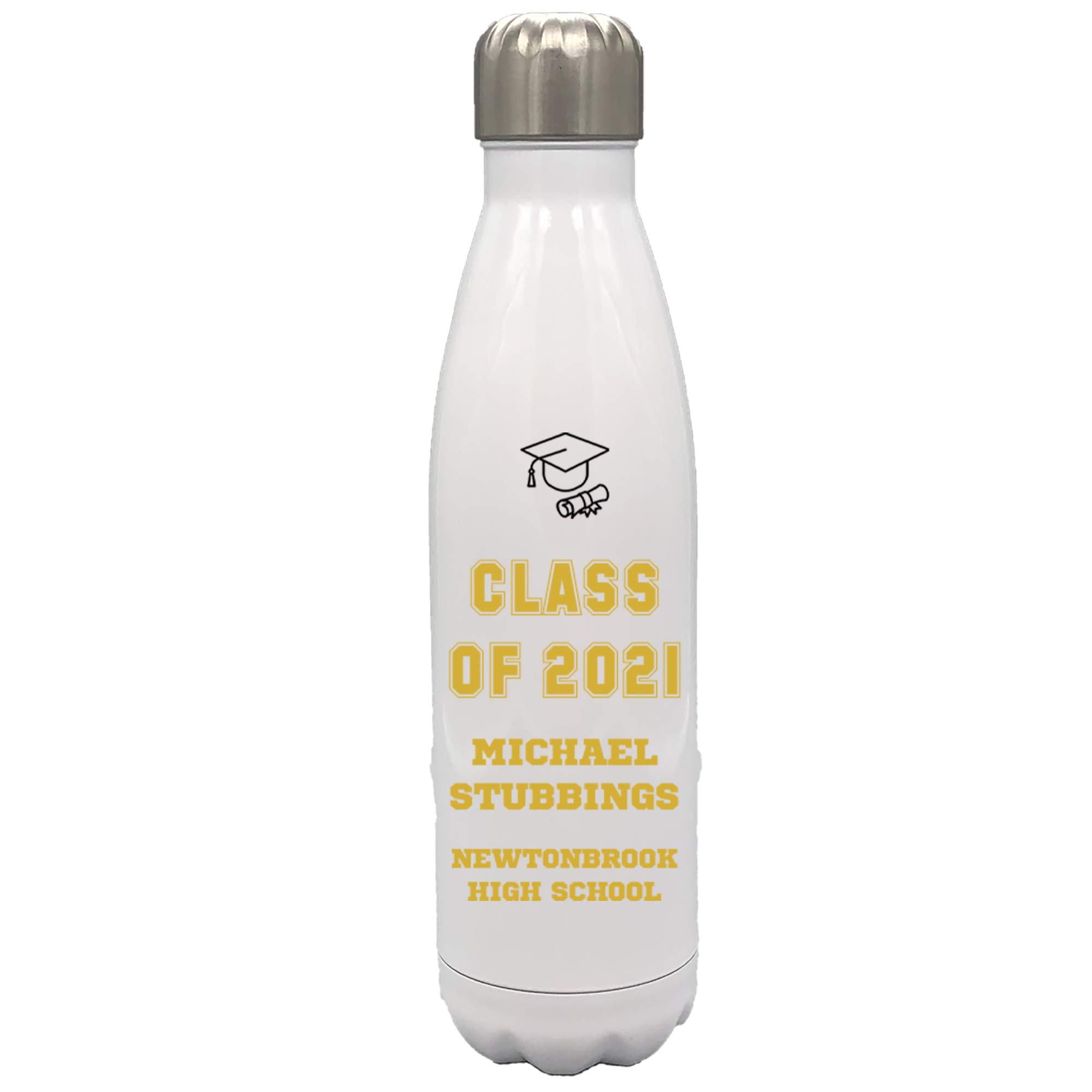 Personalized Graduation Water Bottle for Class of 2021 - Custom Engraved Gift for High School & College Graduates (Gold/White) - Perfect for Graduation Parties & School Events