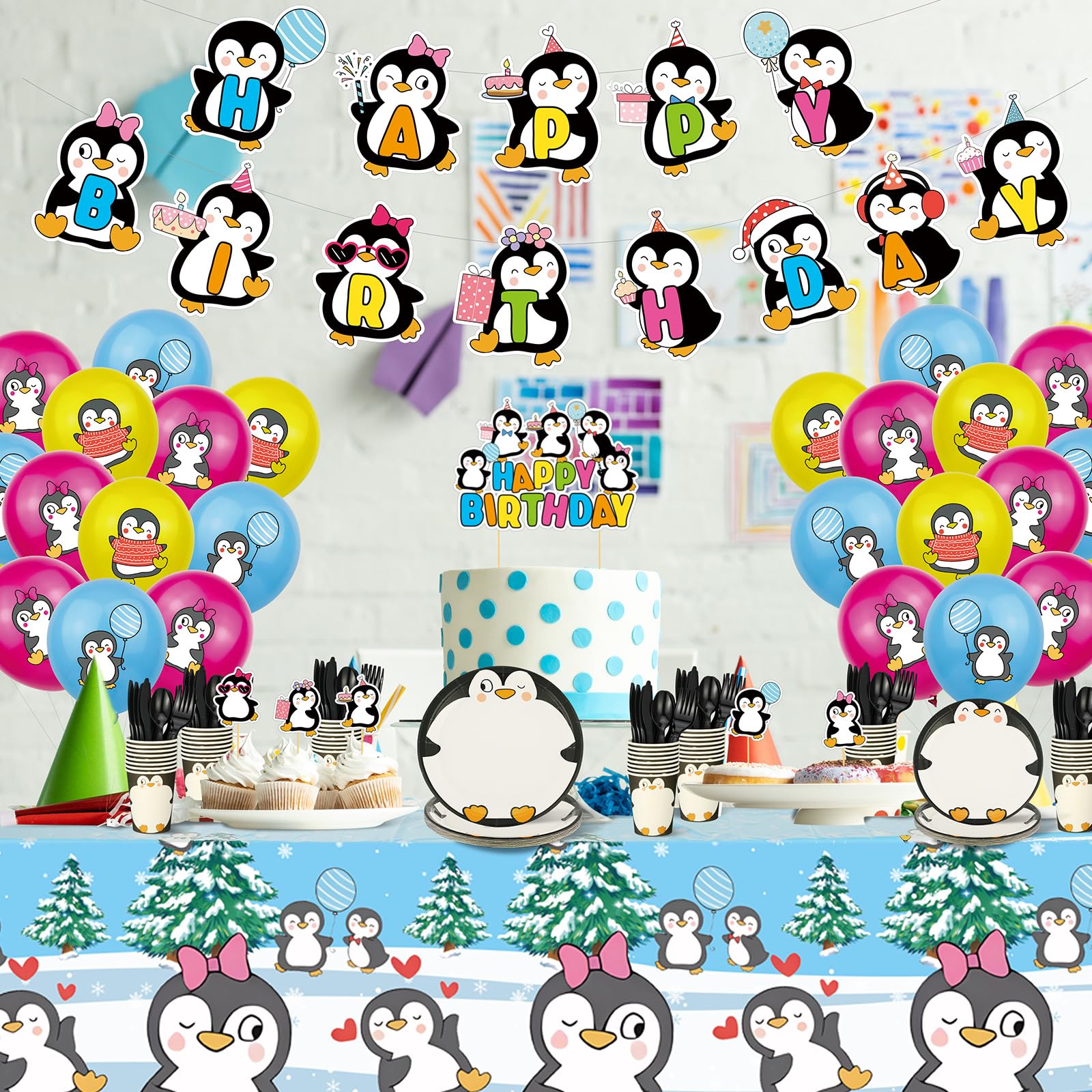 Yaomiao 133 Pcs Penguin Themed Birthday Party Decorations Set - Includes Happy Birthday Banner, Balloons, Cake Topper, Tablecloth, Plates, Cups & Cutlery for Winter Birthday Parties & Baby Showers | Perfect for Kids' Birthday Celebrations, Baby Showers & Holiday Events