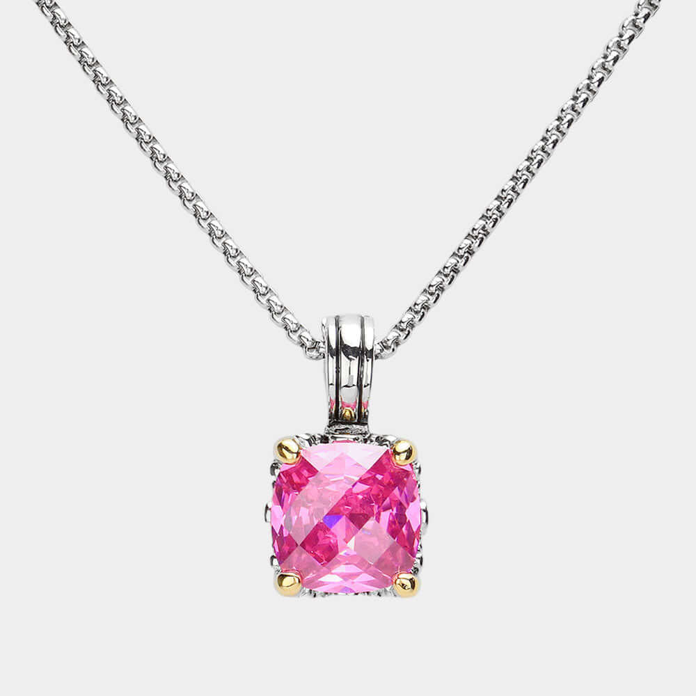 Elegant Pink Square Cubic Zirconia Cluster Pendant Necklace for Women - Perfect for Parties, Weddings & Special Occasions