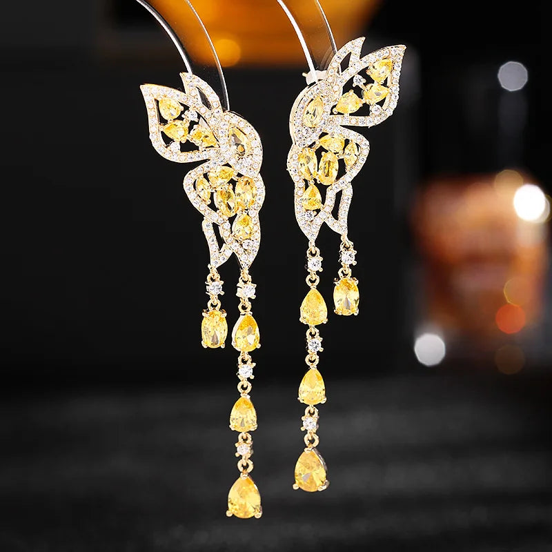 Sparkling Cubic Zirconia Butterfly Water Drop Tassel Earrings for Women - Elegant Bridal Wedding Jewelry Accessories - Perfect for Evening Parties, Prom & Special Occasions