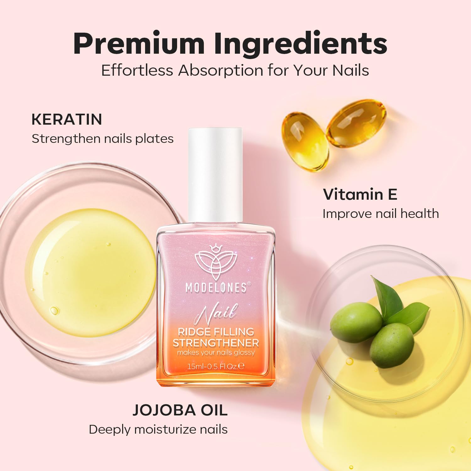 Modelones Nail Strengthener & Ridge Filler - Clear Nail Polish for Thin, Weak & Damaged Nails - Nail Hardener with Pink Glow (15ml) - Perfect for At-Home Manicures & Nail Care Routine