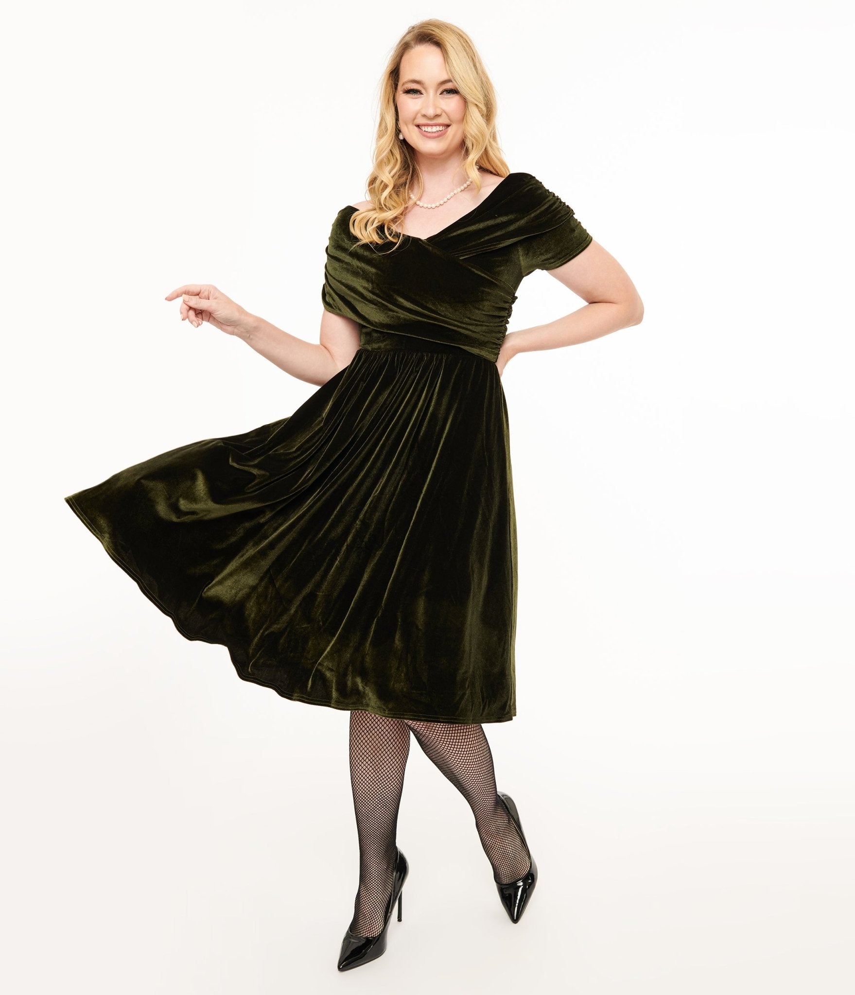 Vintage 1950s Olive Green Shirred Velvet Swing Dress - Retro Pinup Style Cocktail Party & Special Occasion Outfit