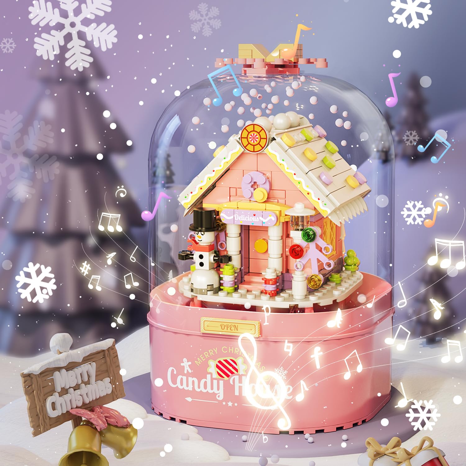 Pink Christmas Music Box Building Blocks Kit with LED Lights & Auto Snowfall - 8 Song Santa House Set, Compatible with Lego - Perfect Holiday Gift for Girls & Kids | Great for Christmas Decor, Playtime & Festive Gifting