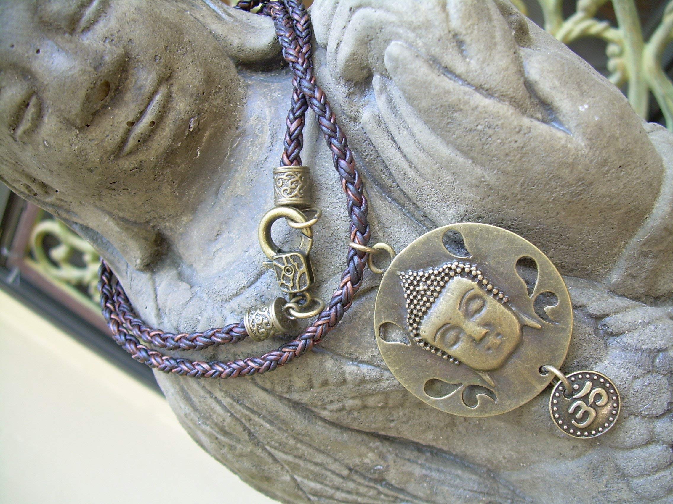 Long Braided Leather Necklace with Buddha Om Pendant Charm – Spiritual Jewelry for Meditation, Yoga & Boho Fashion