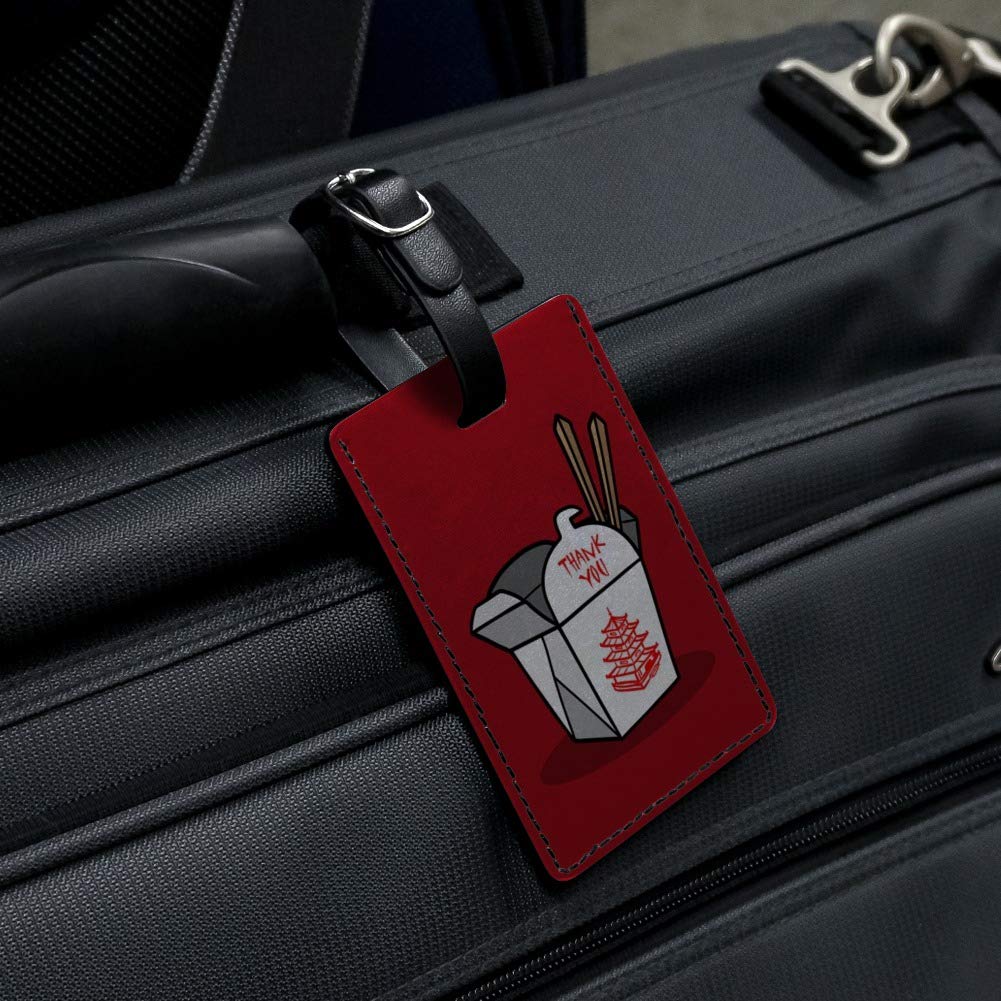 Chinese Takeout Food Box with Chopsticks - Rectangle Leather Luggage Tag & ID Holder for Travel, Office, and School Organization