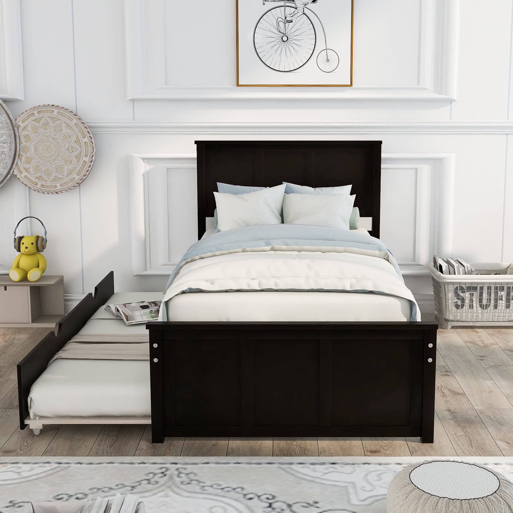 JINS&VICO Twin Size Solid Wood Platform Bed with Pull-Out Trundle - Espresso Captain Bed for Kids, Teens & Adults | No Box Spring Needed | Perfect for Guest Rooms, Dormitories & Small Spaces