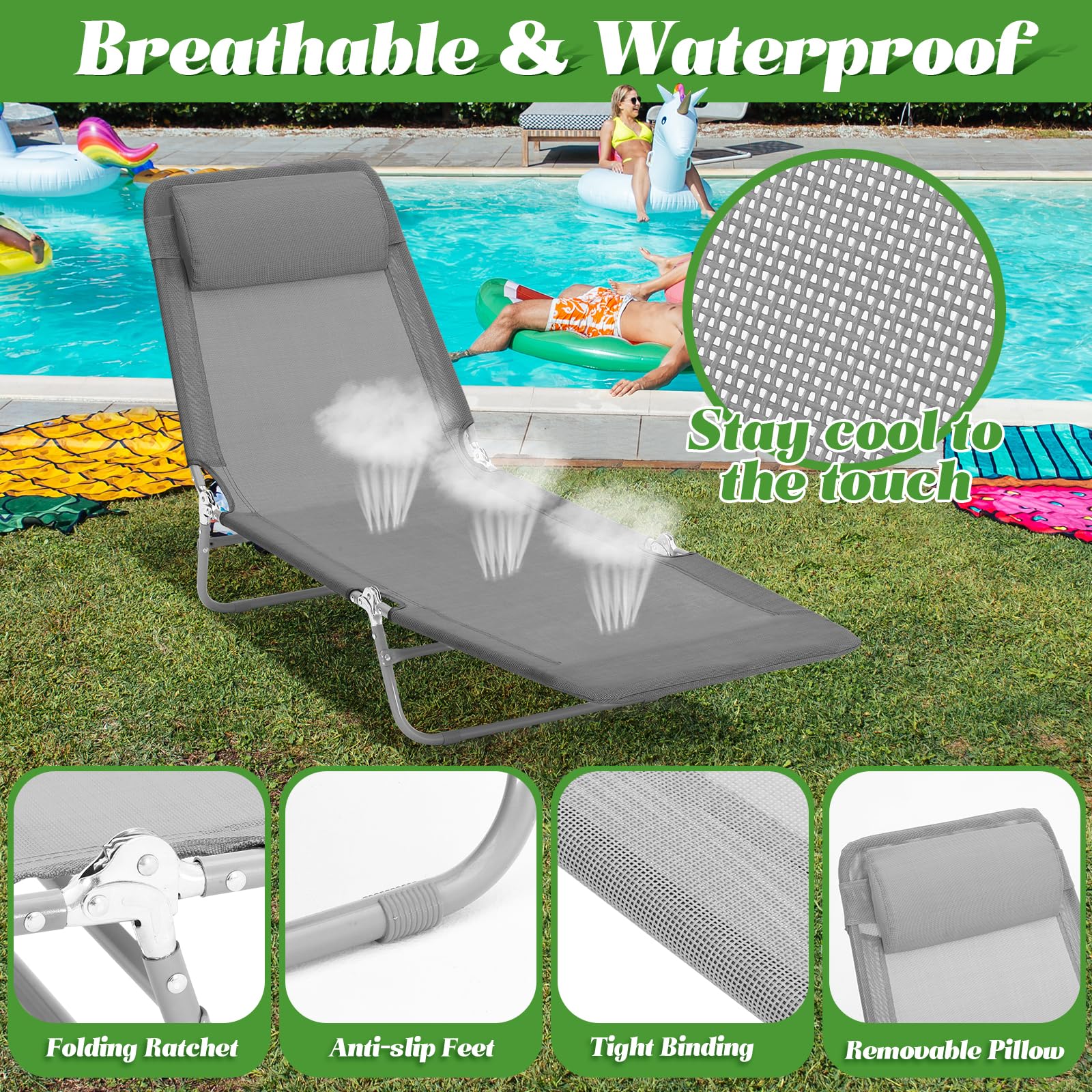 Suzile 4 Pack Folding Chaise Lounge Chairs - Adjustable 5-Position Tanning Chairs with Pillow, Waterproof & Breathable Mesh, Steel Frame - Perfect for Pool, Beach, Yard, Patio, Lawn & Outdoor Relaxation