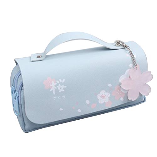 Facibom Large Double Layer Cherry Blossom Pencil Case - Blue School Supplies Pouch for Pens, Markers & Stationery | Perfect for Students, Office & Travel Organization