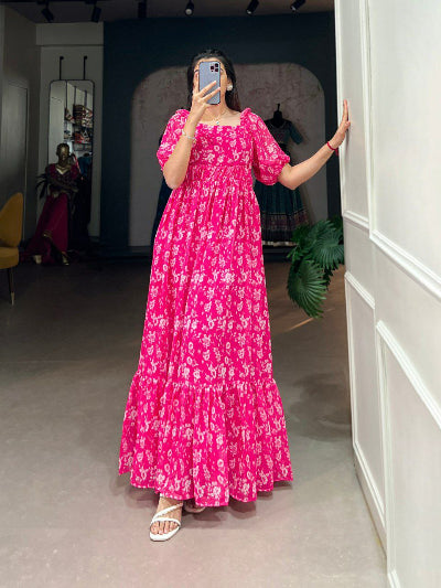 Elegant Pink Georgette Printed Puff Sleeves Evening Gown for Women - 1PC - Perfect for Prom, Wedding Guest & Special Occasions