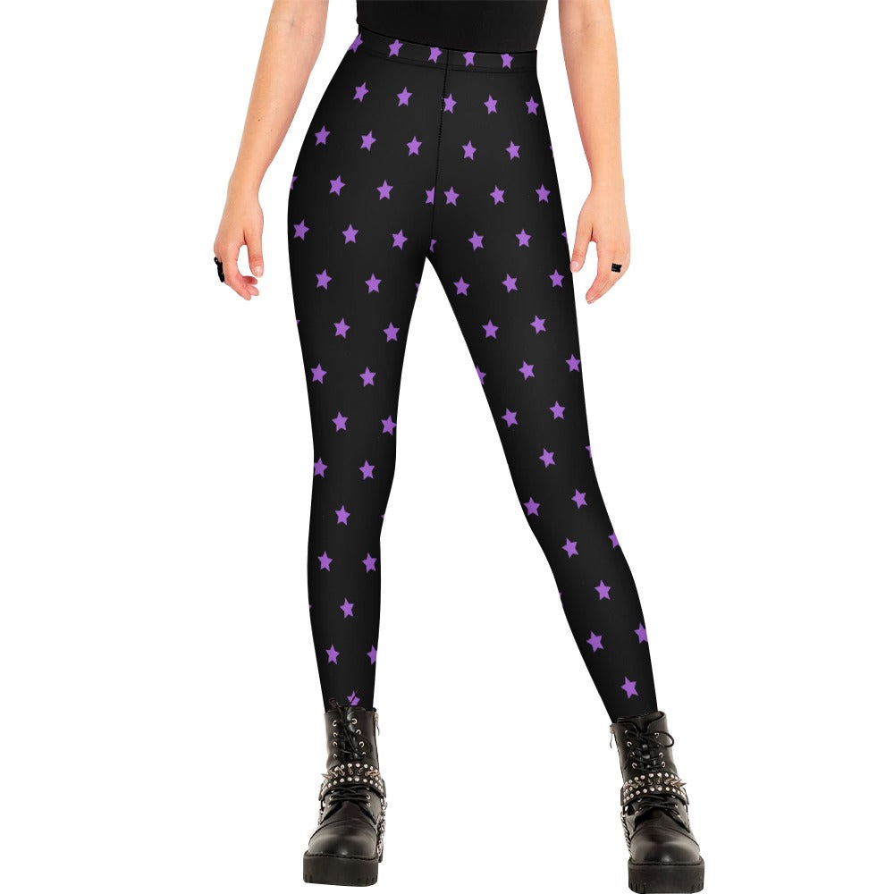 Stylish Purple Stars Black Leggings for Women - High Waist Yoga Pants for Workout, Running & Lounge Wear