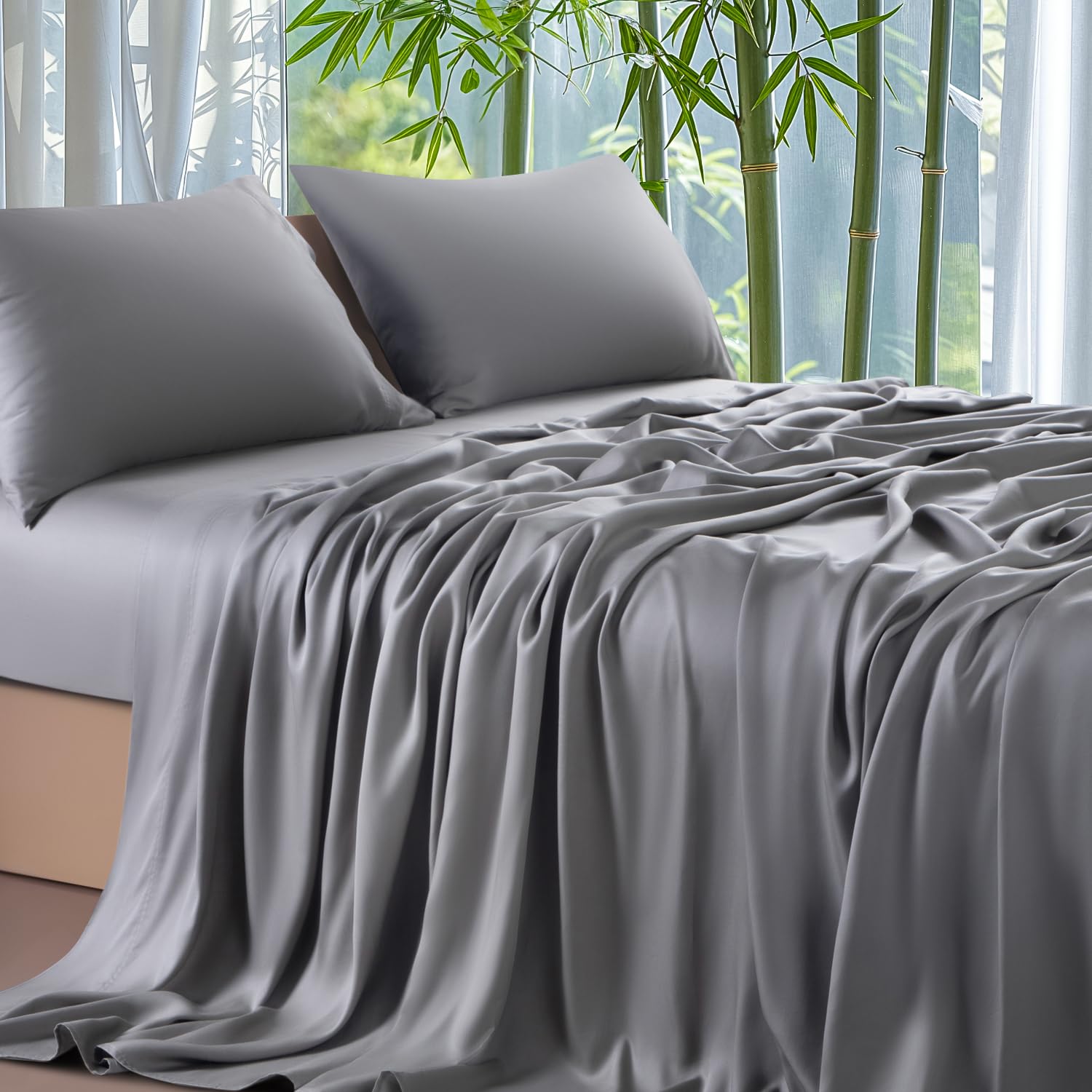 Shilucheng 100% Bamboo Viscose Queen Size Bed Sheets Set of 4 - Ultra Cooling & Silky Soft, 16