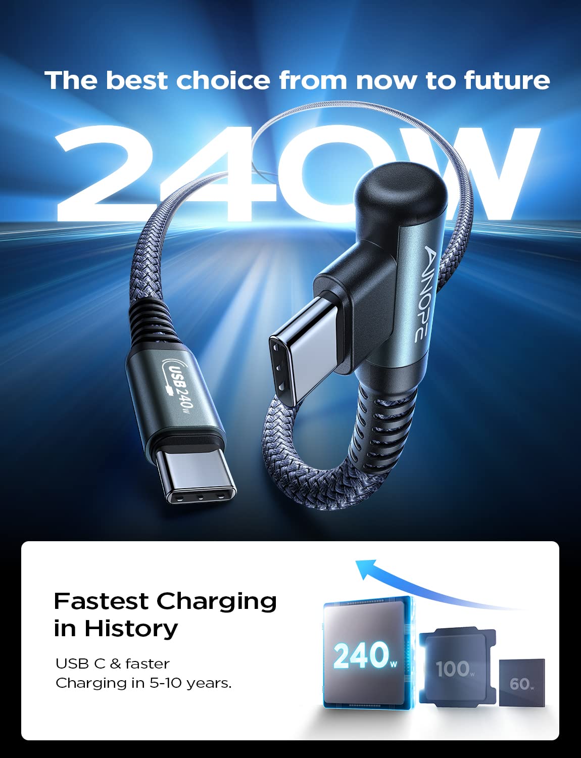 AINOPE 240W USB C to USB C Fast Charging Cable [3.3ft] - Right Angle Type C Cable Compatible with iPhone 16, iPad Pro, MacBook Air 2024 M4, Samsung Galaxy S24 - Grey | Perfect for Home, Office & Travel Charging