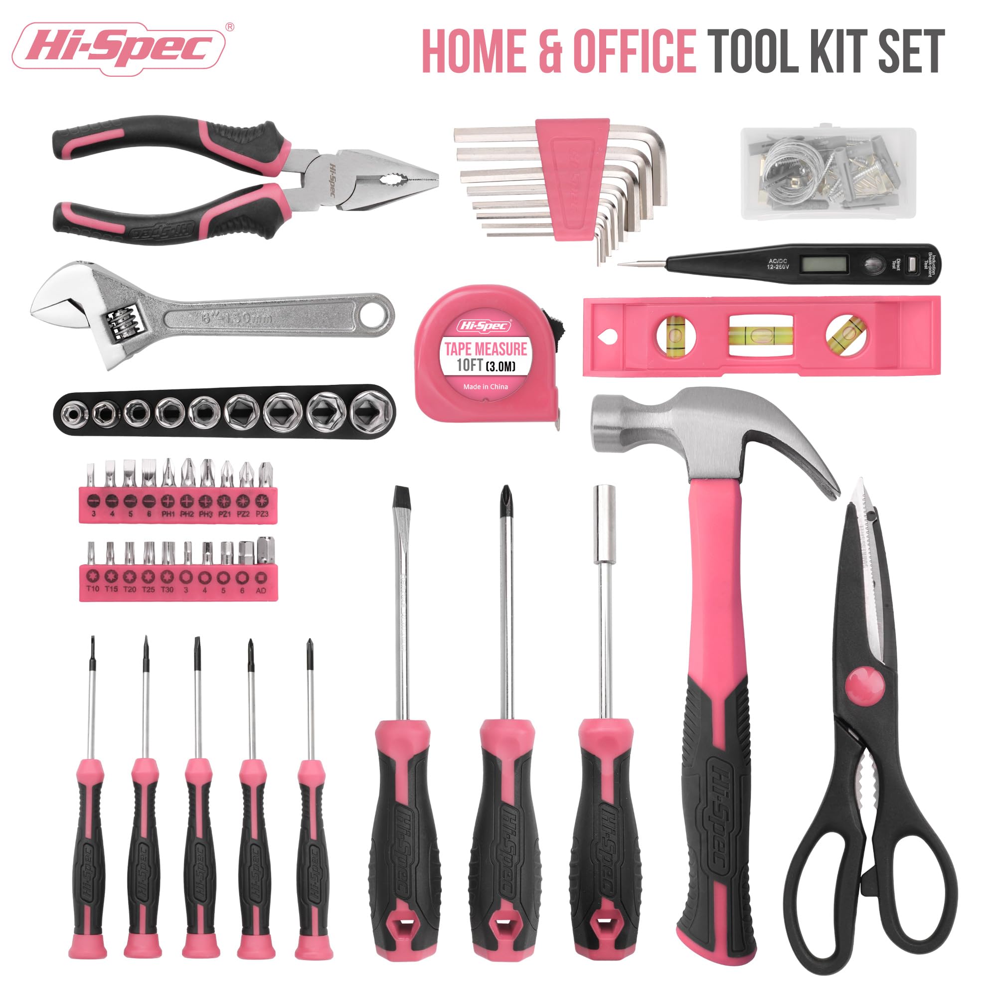 Hi-Spec 54-Piece Pink Tool Kit for Women - Complete Household DIY Tool Set with Storage Case | Essential Hand Tools for Home, Apartment, Garage & Office Repairs | Perfect for DIY Projects, Home Maintenance, and Quick Fixes