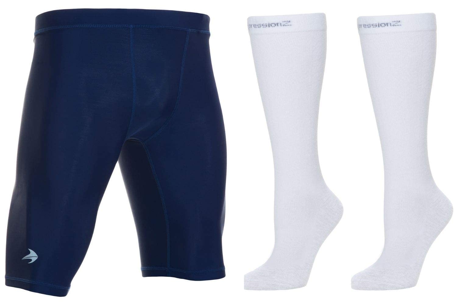 CompressionZ Men's Performance Compression Shorts & 20-30 mmHg Knee High Socks Bundle (Navy/White, XL) - Ideal for Running, Workouts & Post-Surgery Recovery