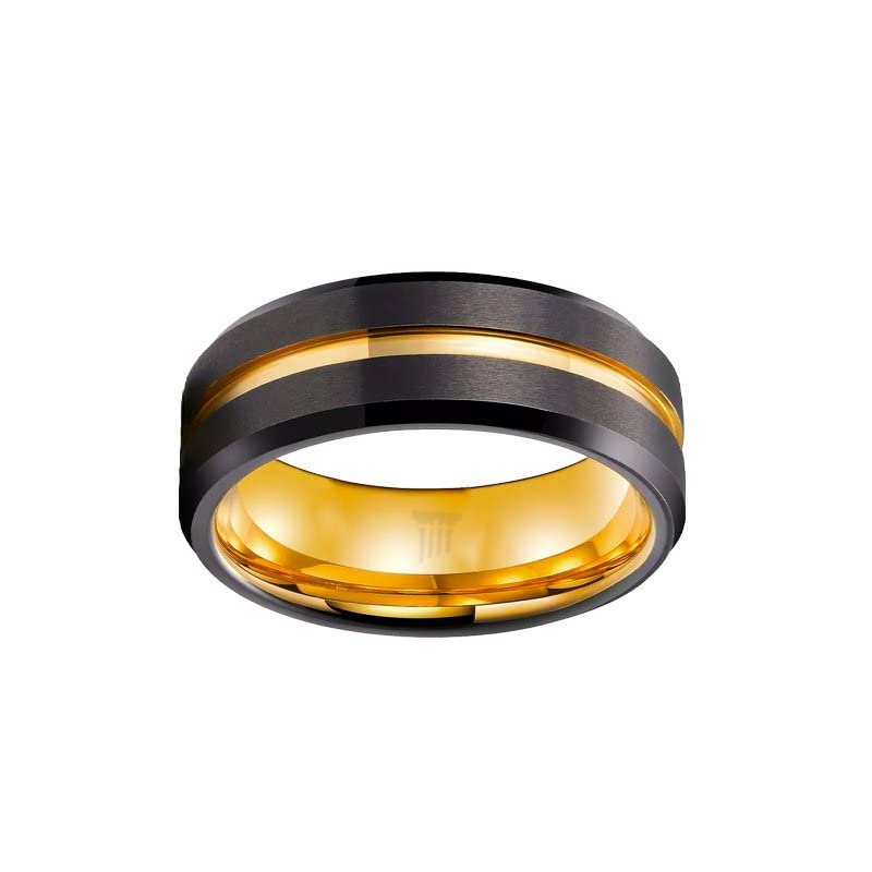 14K Yellow Gold & Black Tungsten Wedding Band for Men - 8mm Comfort Fit Ring with Beveled Edges & Golden Groove - Unique Anniversary Gift for Him (Perfect for Weddings, Engagements & Special Occasions)