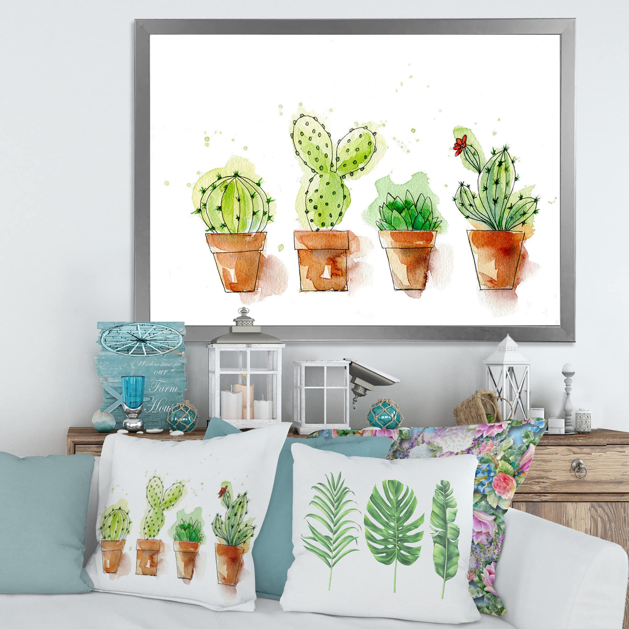 Stylish Cacti in Ceramic Pots - Minimalist Home Decor Wall Art for Living Room, Bedroom & Office | Traditional Framed Desert Plant Painting