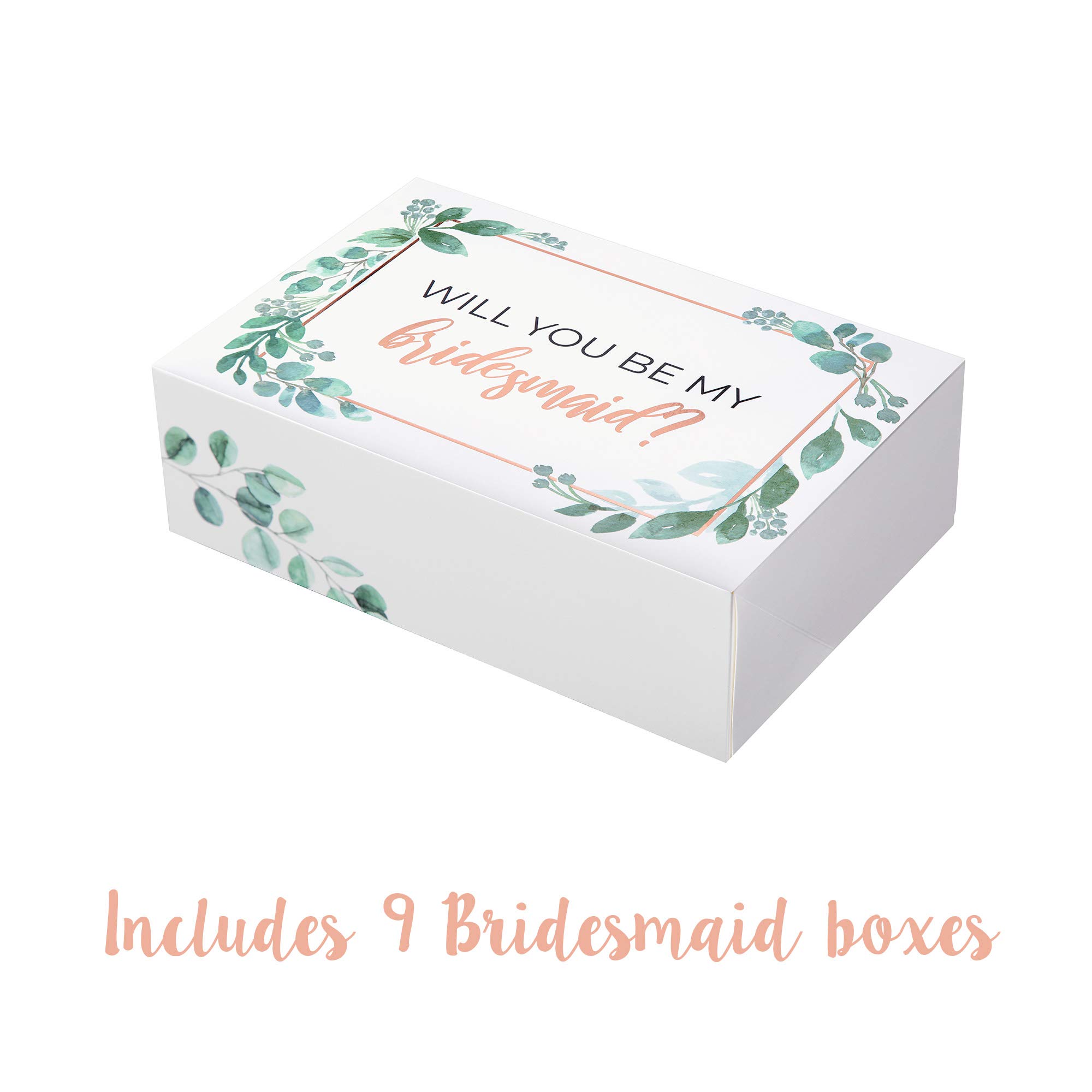 Pop Fizz Designs Bridesmaid Proposal Box Set - 10 Pack (1 Maid of Honor + 9 Bridesmaid Boxes) with Greenery & Rose Gold Foil - Perfect for Wedding Party Proposals, Bridal Shower Gifts & Bachelorette Party Favors