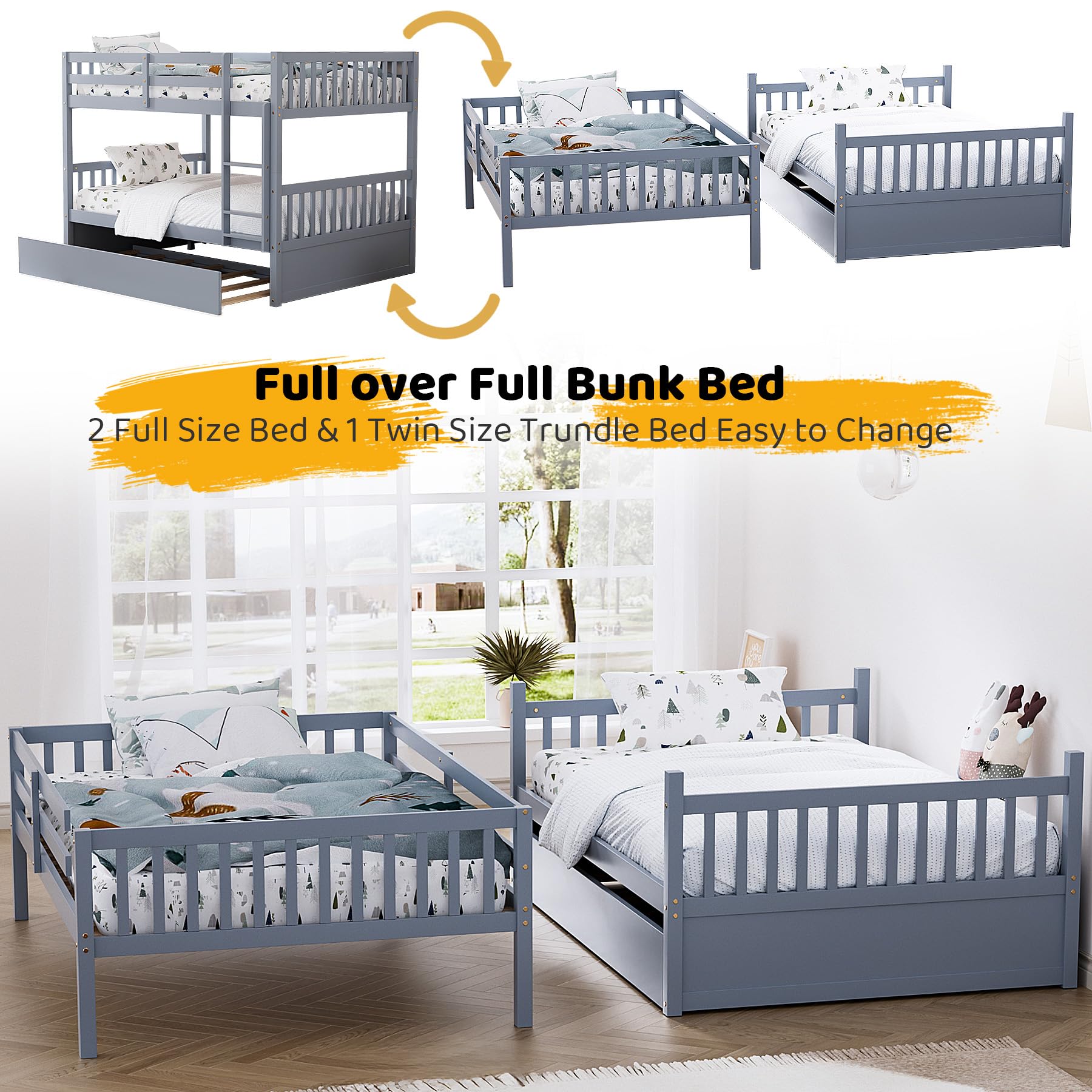 Rophefx Full Over Full Bunk Bed with Trundle - Convertible Wooden Bunk Beds for Kids, Teens & Adults - Sturdy Frame with Safety Rails & Ladder - Space-Saving Grey Bunkbed for Small Rooms, Guest Rooms & Vacation Homes