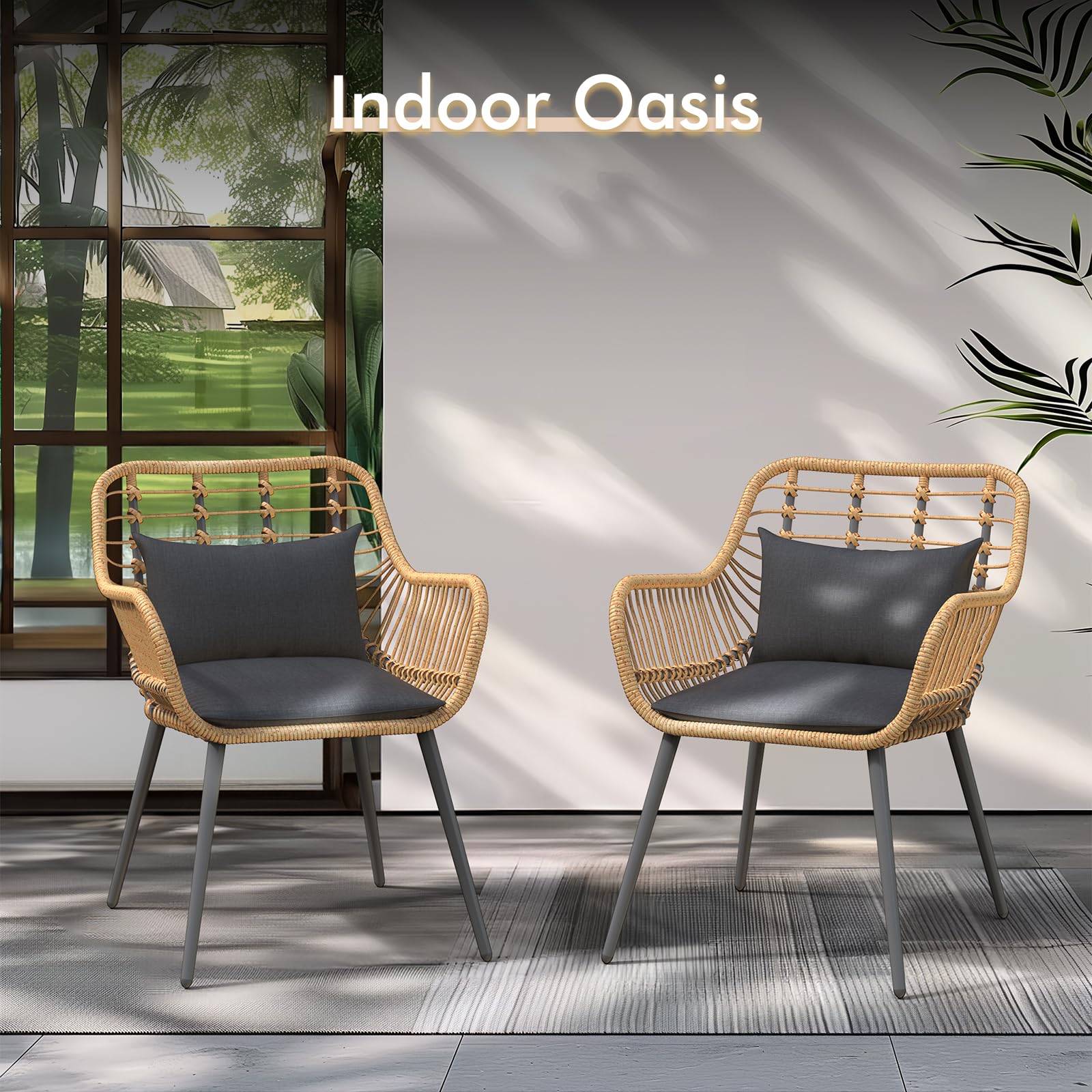 JOIVI 2-Piece Outdoor Wicker Chair Set with Cushions - Rattan Patio Dining Chairs with Armrests & Iron Frame - Weather-Resistant Garden Furniture for Balcony, Porch, Backyard, Poolside & Outdoor Entertaining - Black