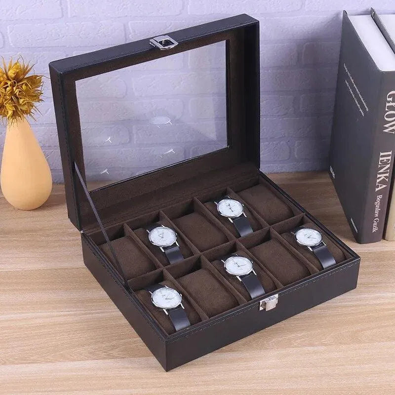 Premium PU Leather Watch Box Organizer - 6/10/12 Grids Display Case with Lock for Jewelry & Watches Storage | Perfect for Watch Collectors, Jewelry Organization & Gift Presentation
