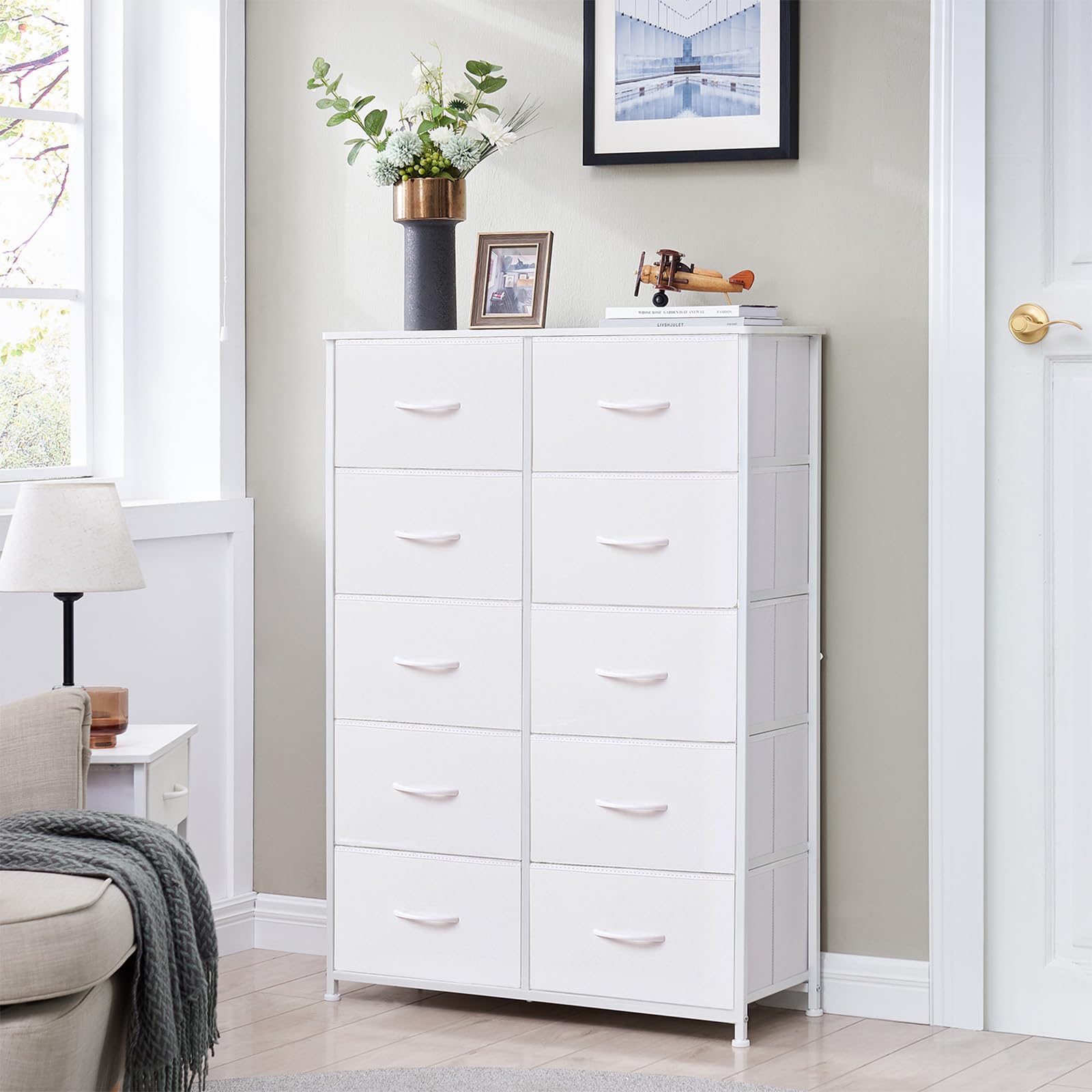 Tall 10-Drawer Dresser with Fabric Bins - White Leather Storage Organizer for Bedroom, Nursery & Living Room