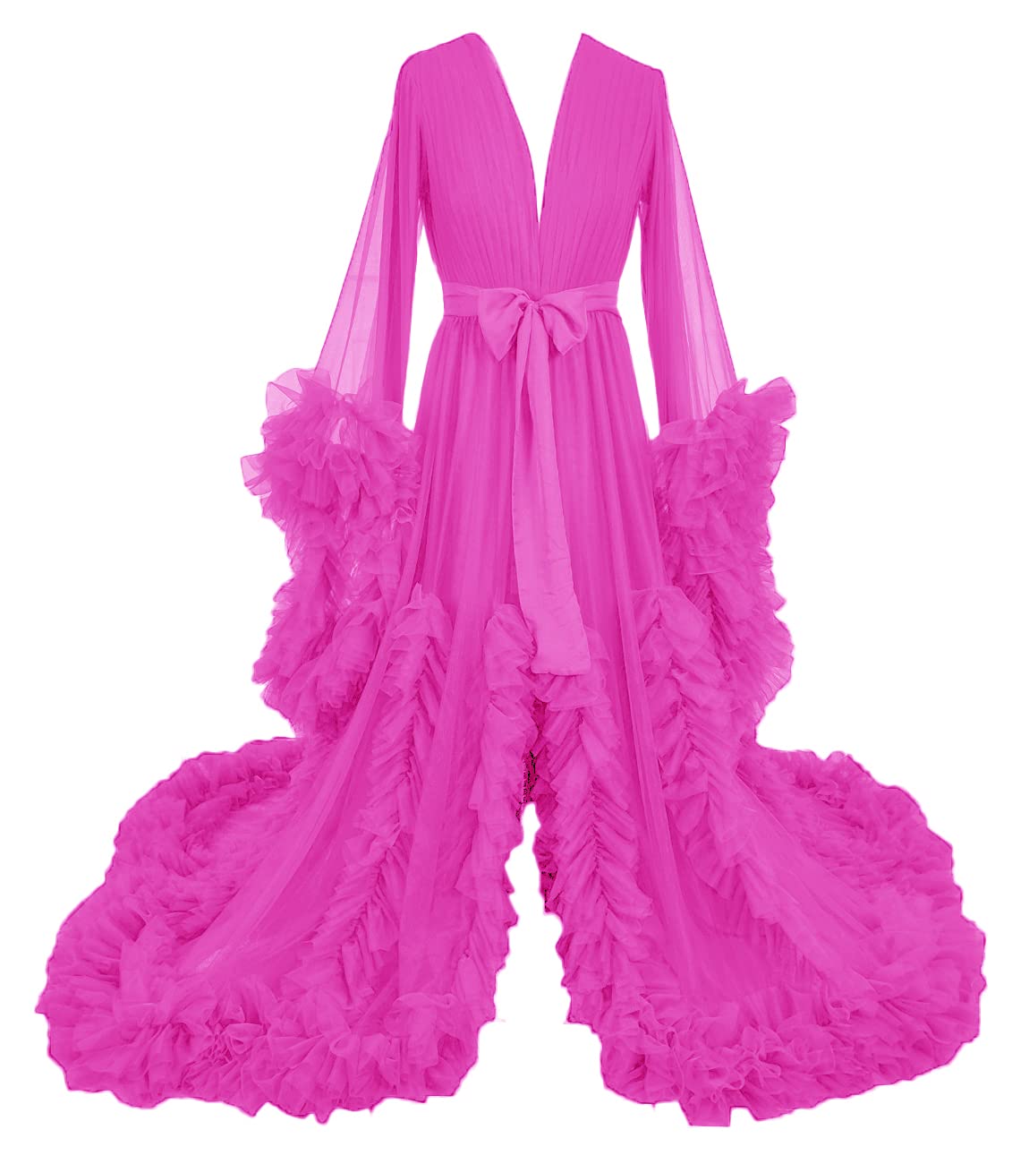 Elegant Long Wedding Scarf Illusion Nightgown with Feather Trim - Sheer Puffy Dress for Bridal Shower, Honeymoon & Romantic Occasions