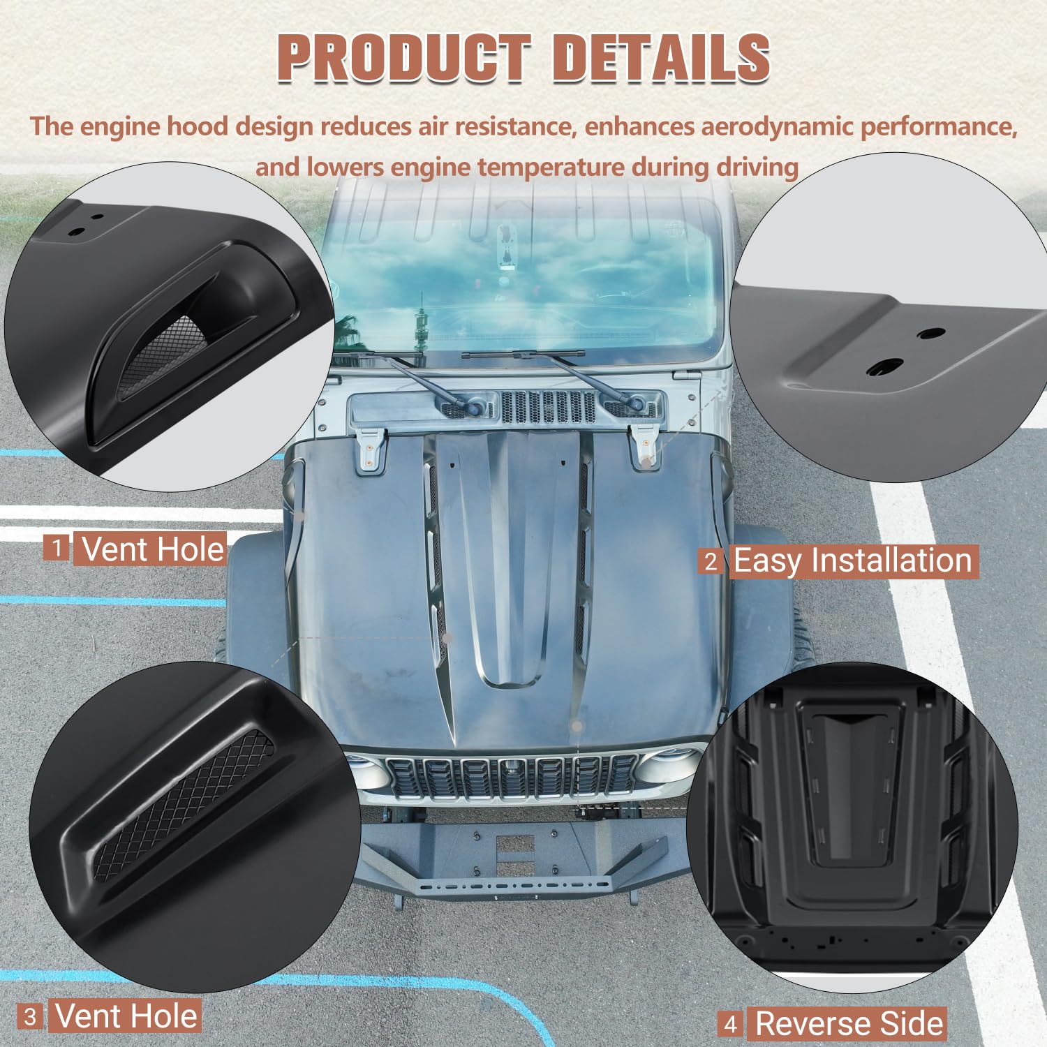 CALLIERT Heat Dispersion Hood for Jeep Wrangler JL (2018-2025) & Gladiator JT (2020-2025) - Steel Hood with Air Vents for Better Engine Cooling | Off-Road & Daily Driving Upgrade