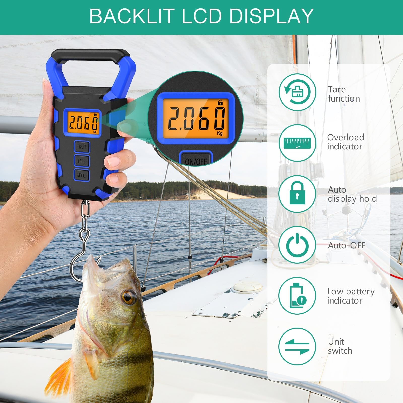 ORIA Digital Fishing Scale with Gripper - 110lb/50kg Waterproof Hanging Hook Scale with Backlit LCD Display (Lb/Oz/Kg) - Portable Fish & Meat Weighing Tool for Fishing, Hunting, Kitchen & Luggage Weight Measurement