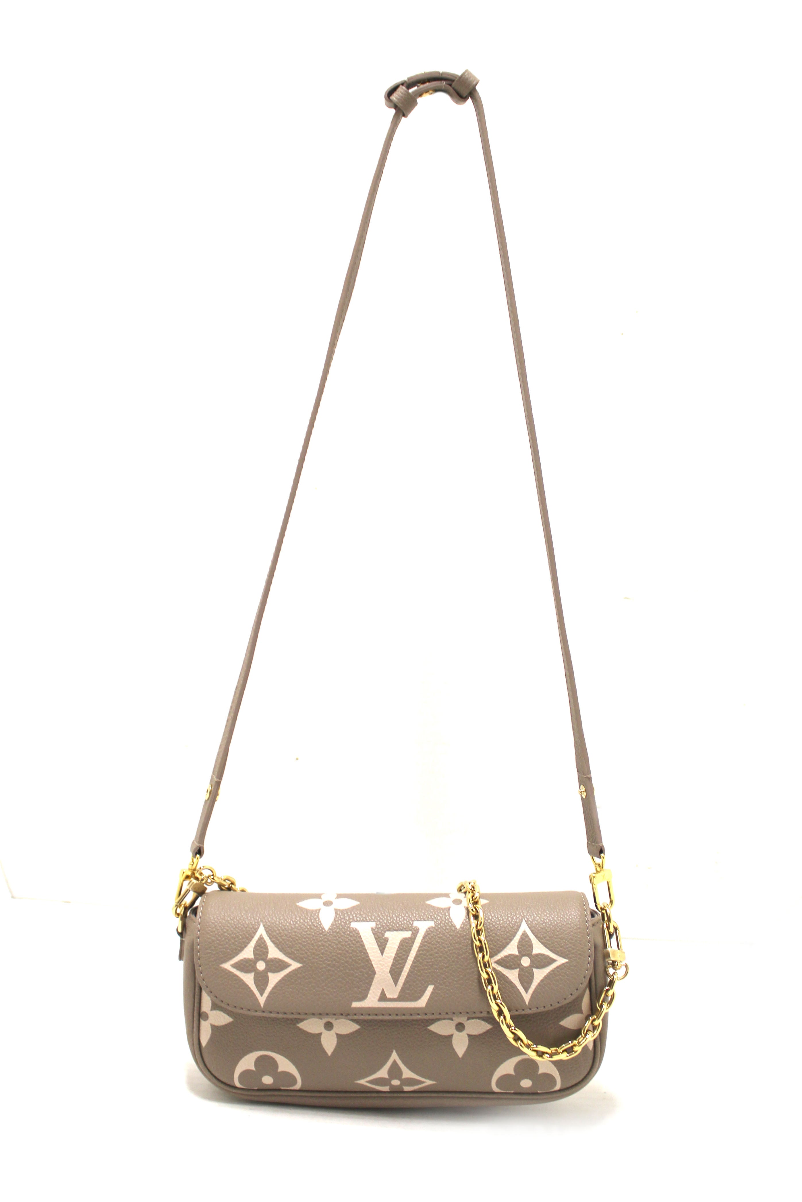 Authentic Louis Vuitton Grey & Cream Bicolor Monogram Empreinte Wallet on Chain Ivy Crossbody Bag - Perfect for Date Night & Evening Events