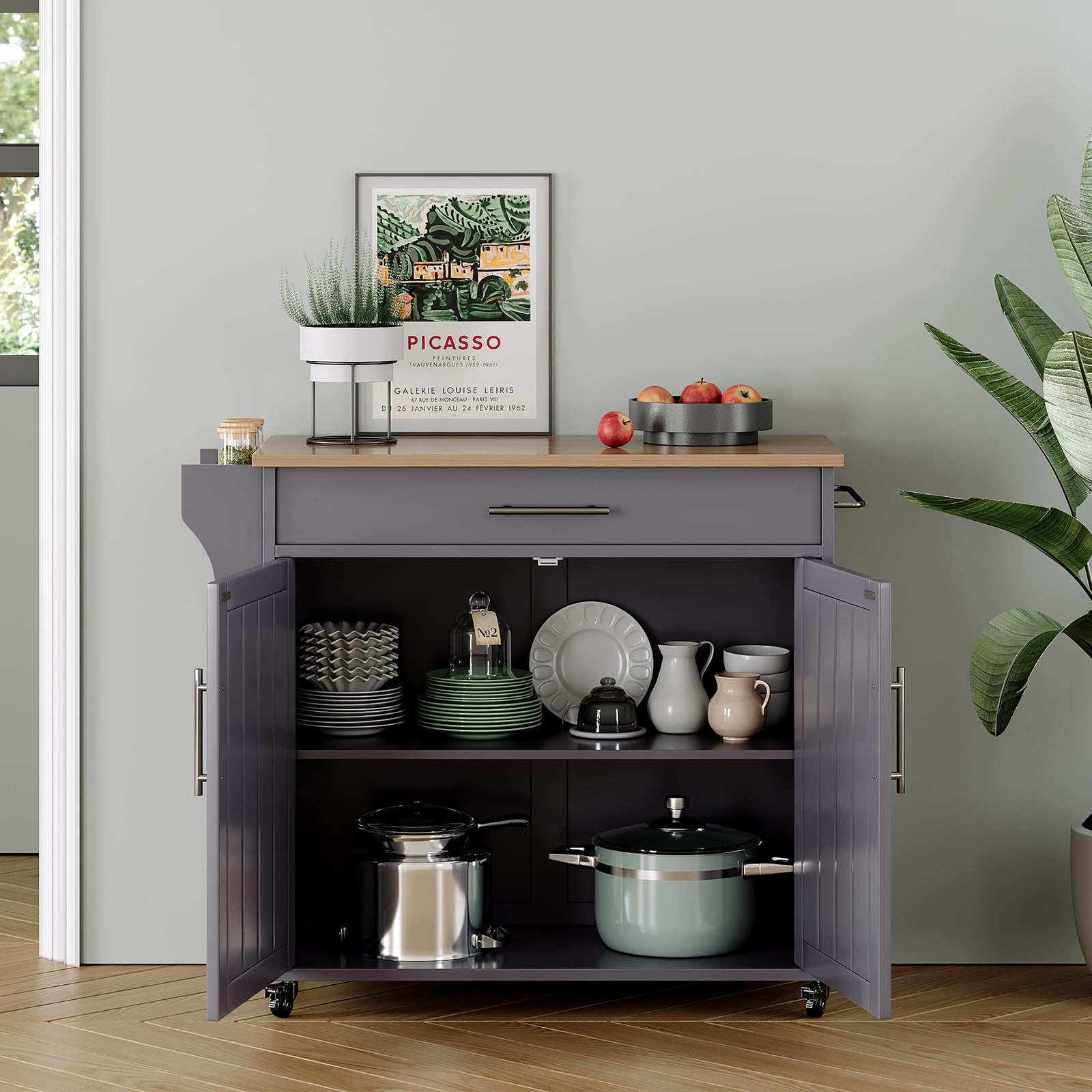 Wooden Rolling Kitchen Island Cart with Countertop, Wheels, Towel Rack, Spice Rack & Drawers - Mobile Kitchen Storage Organizer for Small Spaces, Home & Restaurant Use (Grey)