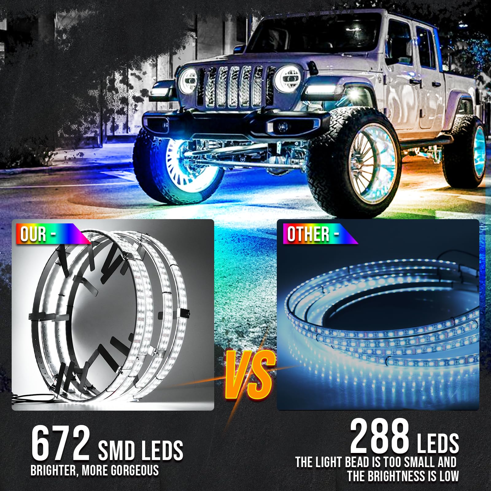 Adjustable 14-18 Inch 2-Rows RGBW LED Wheel Ring Lights with Switch - Color Changing Rim Lights for Trucks, Pickups, SUVs & Off-Road Vehicles (4 Wheels) - Perfect for Night Driving, Car Shows & Off-Road Adventures