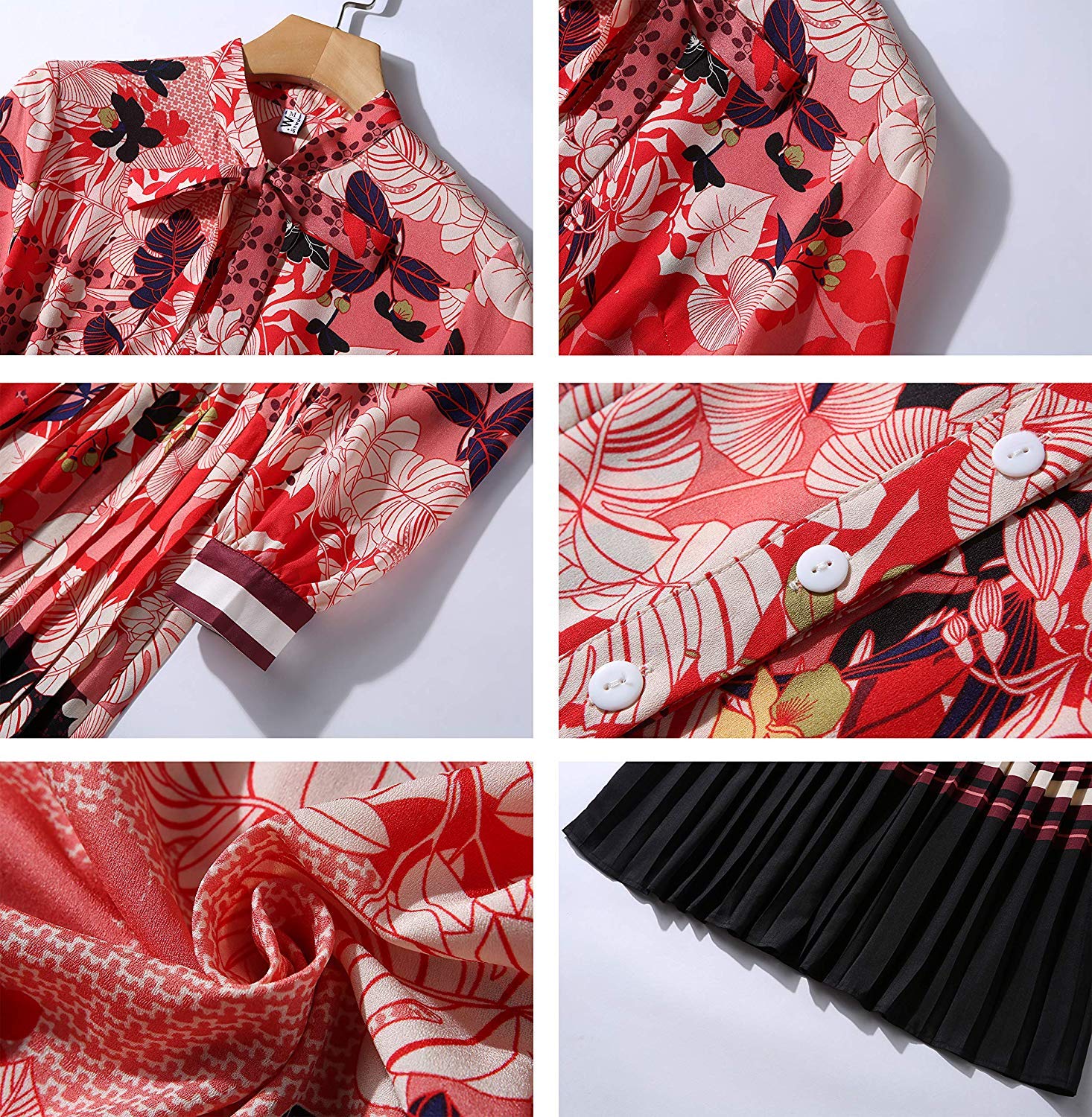Women's A-Line Maxi Dress with Bow Shirt Collar & Long Sleeves - Spring Summer Casual Party Work Dress (Pink Floral Print, Size US8-10/XL) - Perfect for Office, Wedding Guest & Everyday Elegant Outfits