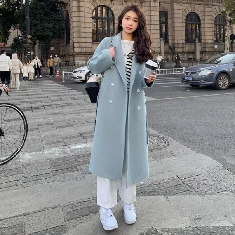 Women's Faux Wool Belted Double Breasted Long Coat - Notched Collar Full Sleeve Loose Fit Jacket for Autumn | Casual Outerwear for Work, Dating & Fall Fashion