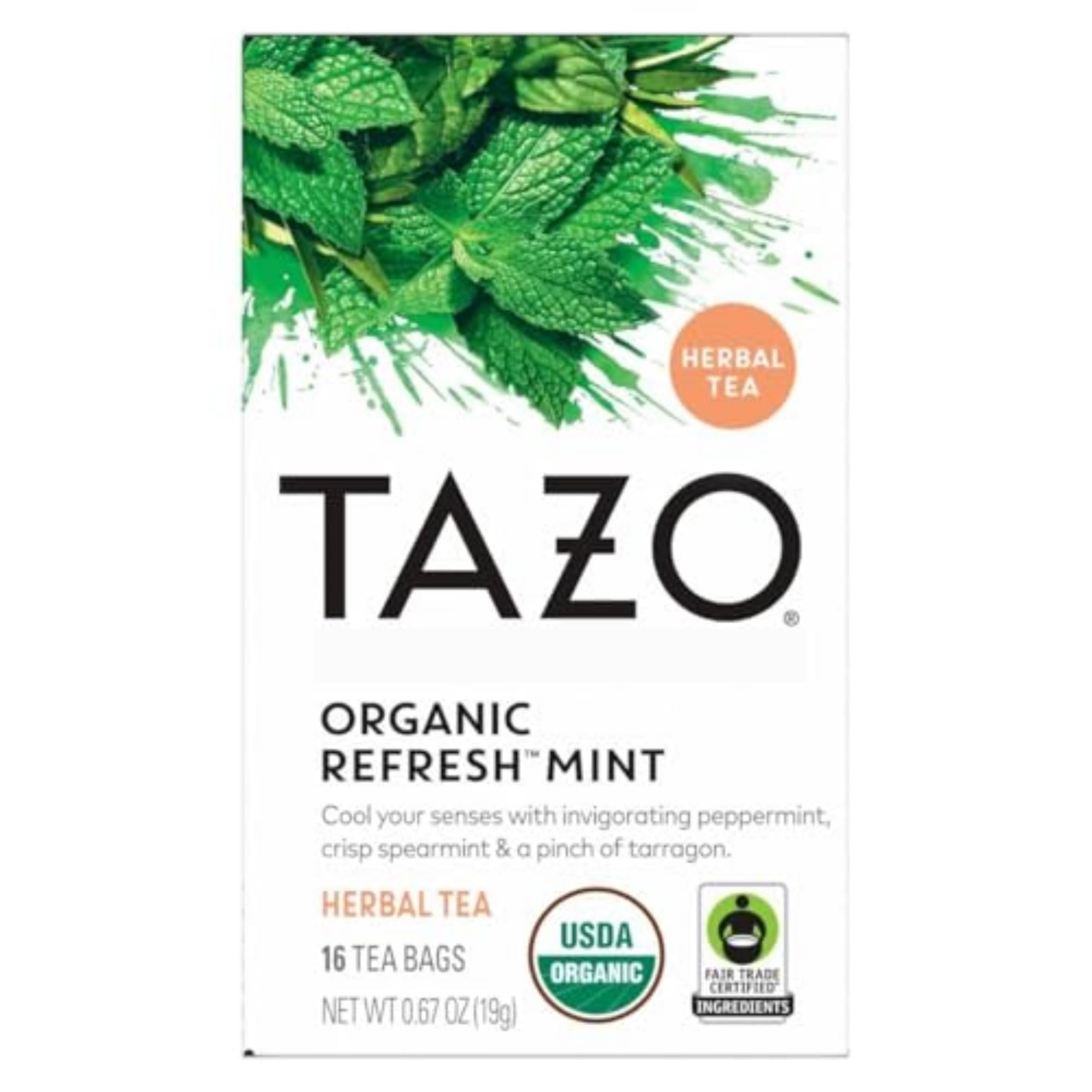 TAZO Organic Refresh Mint Herbal Tea Bags - Caffeine Free, 16 Count | Refreshing Herbal Tea for Relaxation & Stress Relief | Perfect for Afternoon Tea Time, Yoga Sessions & Bedtime Rituals