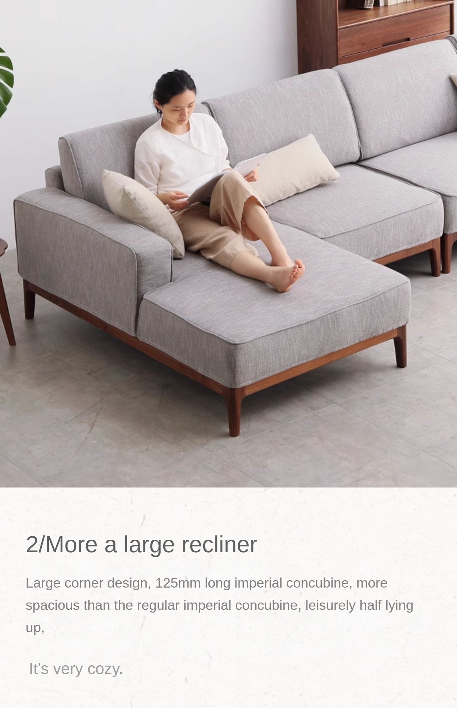 Premium Black Walnut & Ash Solid Wood Fabric Chaise Lounge Sofa - Modern Living Room Furniture for Relaxation & Home Decor