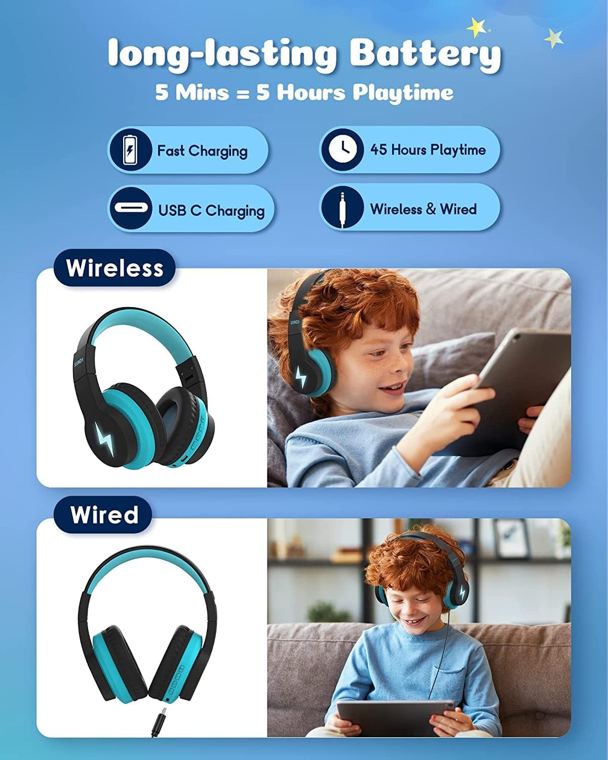 Seenda Kids Bluetooth Headphones with LED Lights - Foldable Over-Ear Wireless/Wired Headset (85dB/94dB Volume Limited) for School, Travel, Gaming & TV - Compatible with PC, Tablet, Airplane - Black & Blue | Perfect for Online Classes, Long Flights & Entertainment