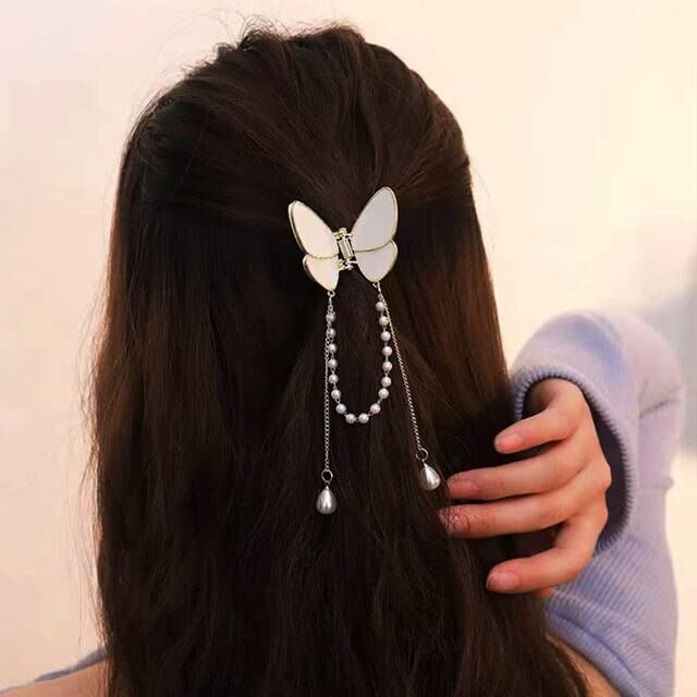 Trendy Club 2-Pack White Pearl Butterfly Metal Hair Claw Clips - Elegant Hair Accessories for Women, Girls | Perfect for Parties, Weddings & Everyday Hairstyles