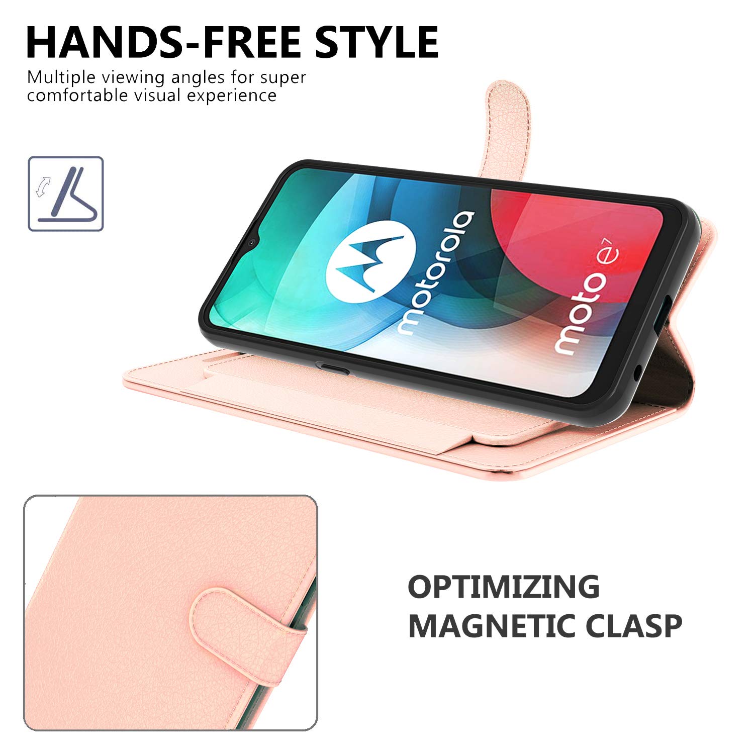 Premium Leather Wallet Case for Motorola Moto E7 - RFID Blocking Flip Folio with Stand | Rose Gold | Perfect for Business, Travel & Daily Protection