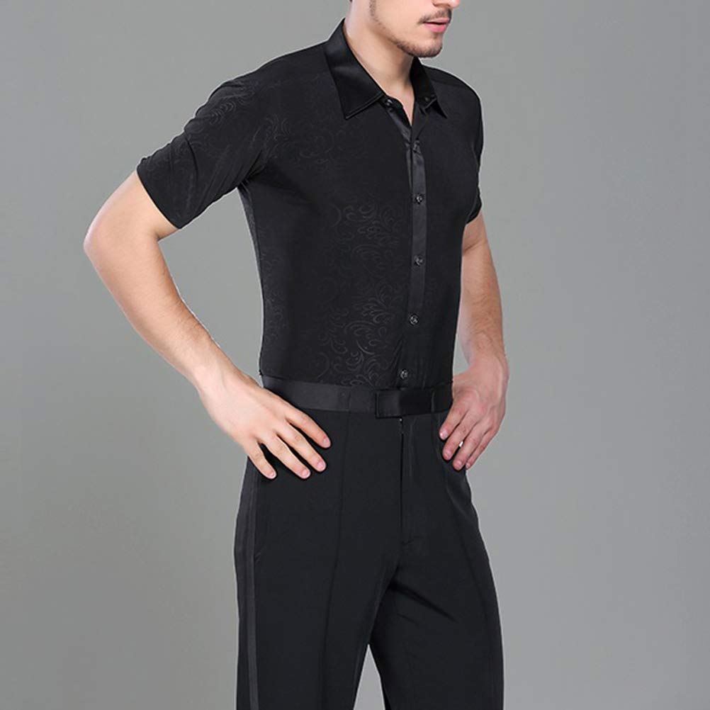 Professional Men's Black Striped V-Neck Latin Dance Shirt - Elegant Short Sleeve Performance Top for Salsa, Ballroom & Modern Dance Competitions