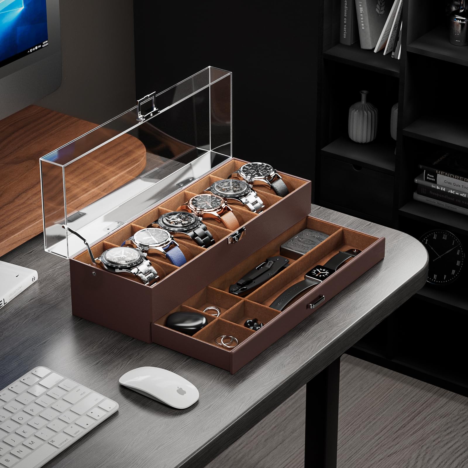 ProCase 6-Slot Watch Display Case with Clear Acrylic Lid - 2-Layer Jewelry & Watch Storage Organizer with Drawer - Perfect Gift for Men & Women - Ideal for Watch Collectors, Travel & Home Decor (Espresso)