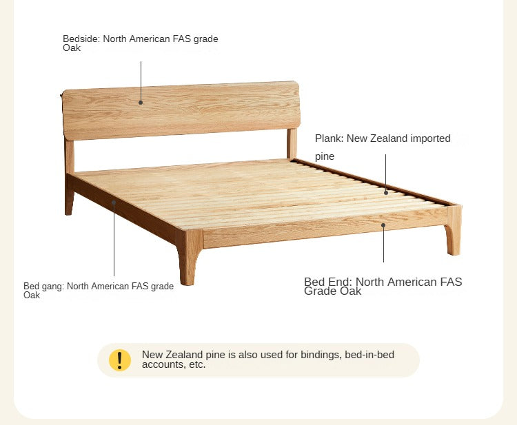 Solid Oak Rubber Wood Bed - Modern Nordic Style Queen/King Size Bed Frame for Bedroom, Living Room & Guest Room